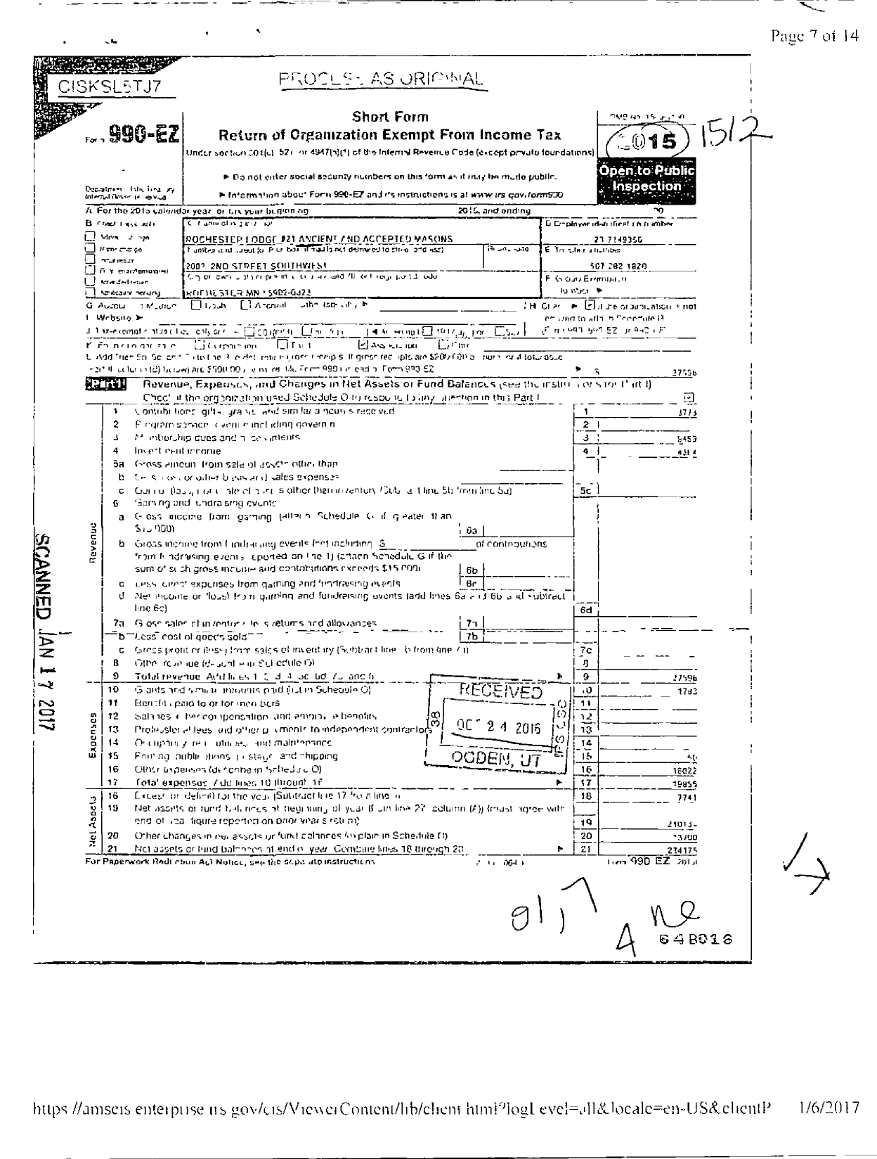 Image of first page of 2015 Form 990EO for Ancient Free and Accepted Masons of Minnesota - 0021 Rochester Lodge