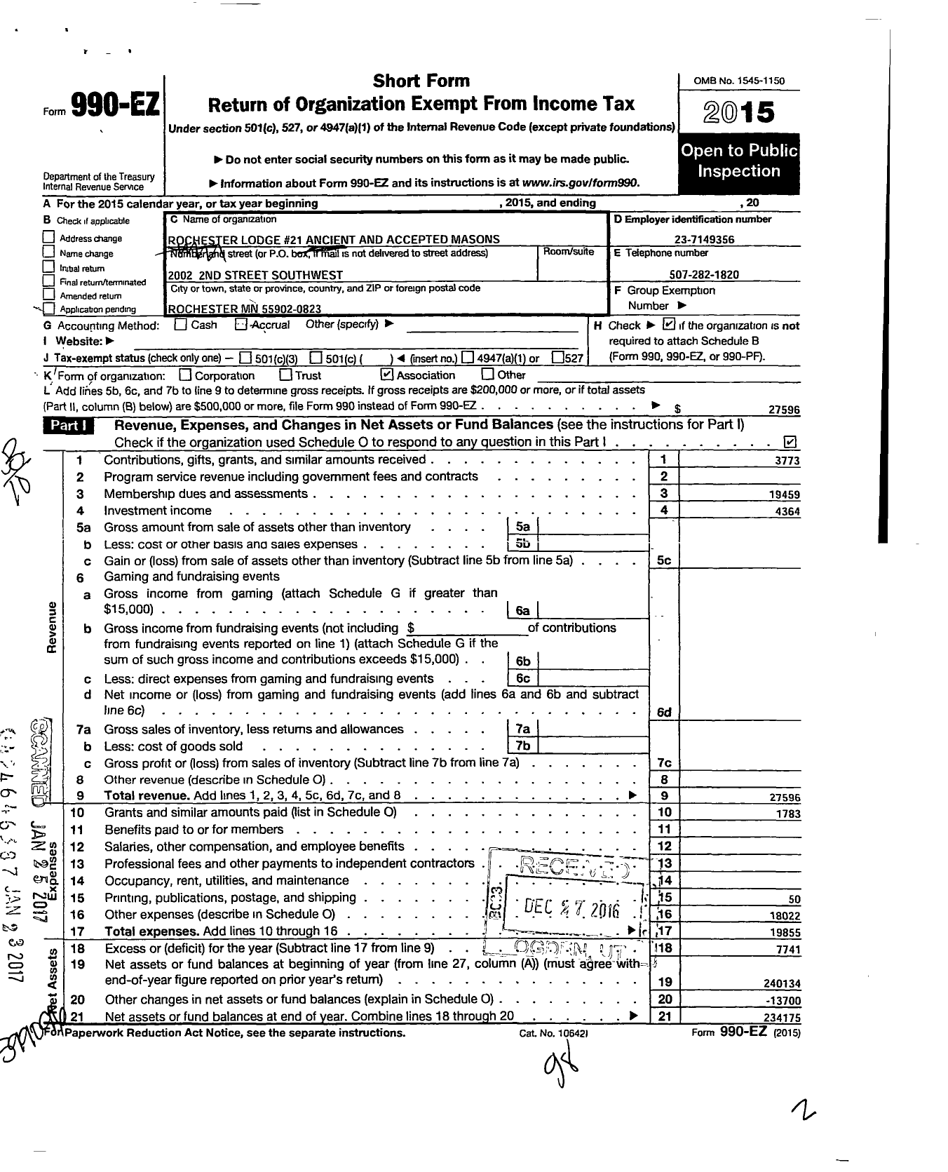 Image of first page of 2015 Form 990EO for Ancient Free and Accepted Masons of Minnesota - 0021 Rochester Lodge