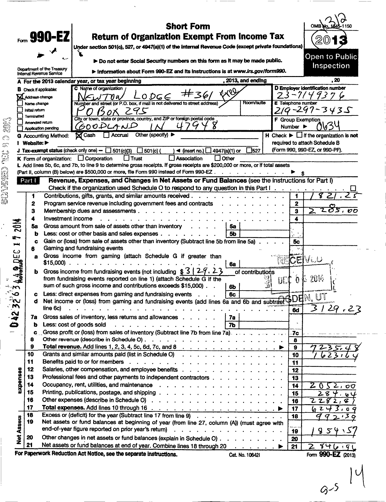 Image of first page of 2013 Form 990EO for Free and Accepted Masons of Indiana