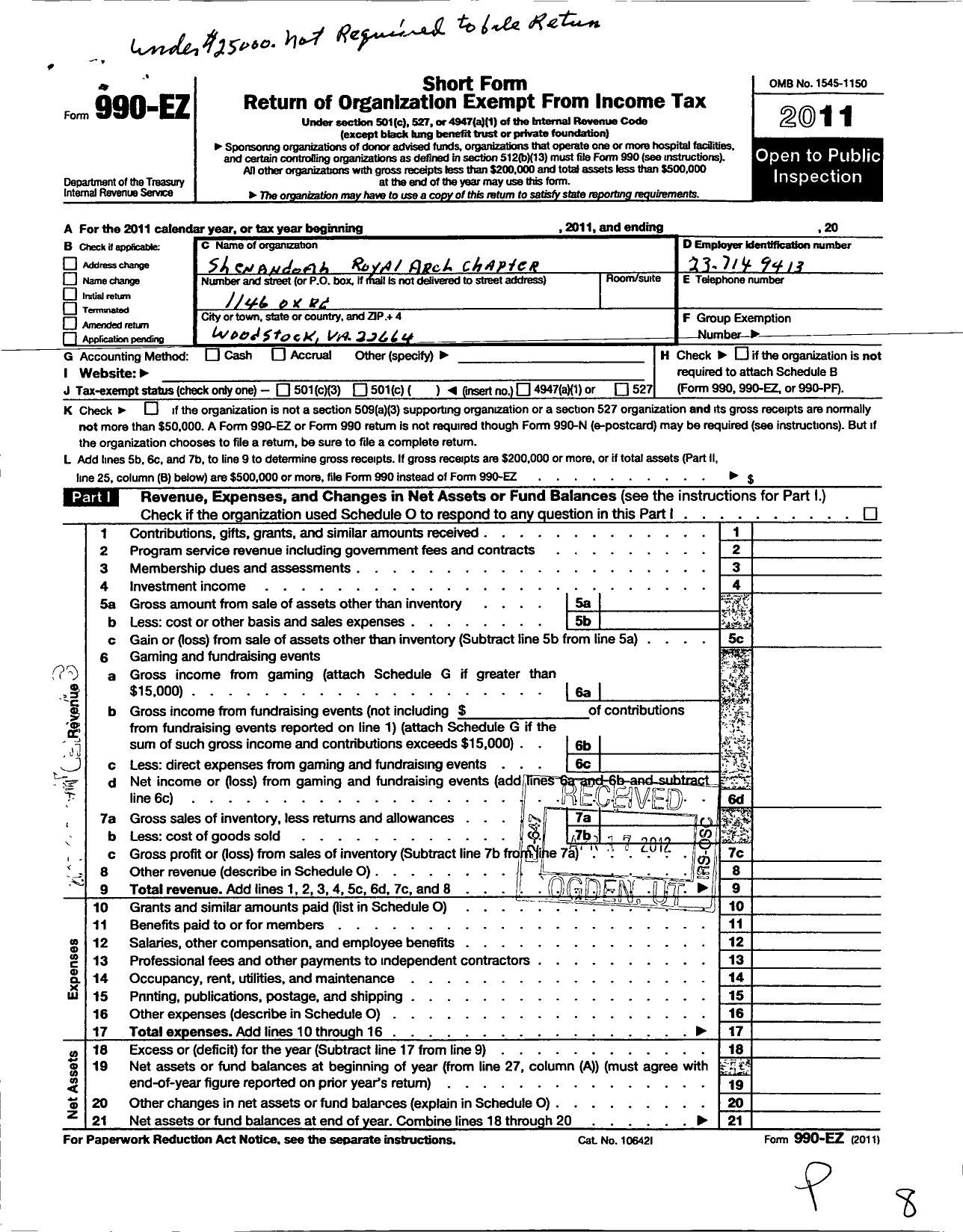 Image of first page of 2011 Form 990EO for Shenandoah Royal Arch Chapter 17