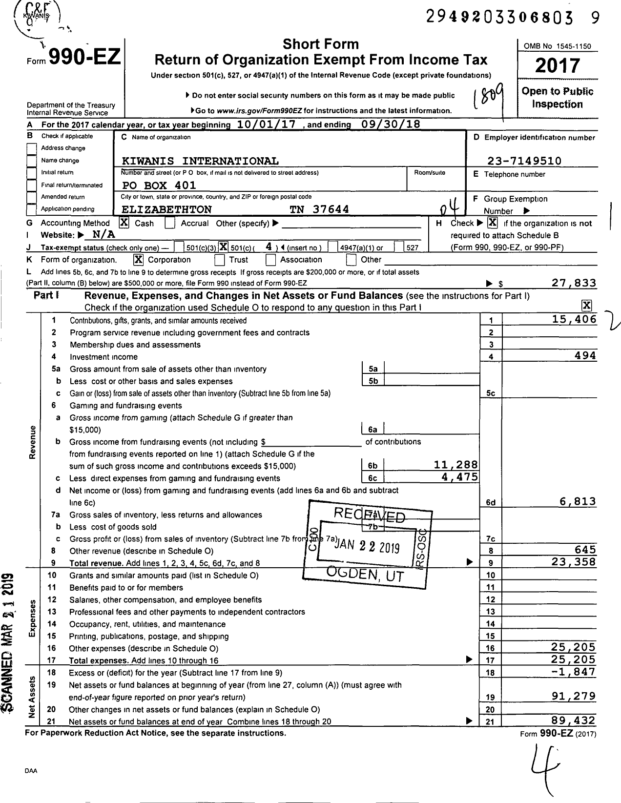 Image of first page of 2017 Form 990EO for Kiwanis International - K01739 Elizabethton