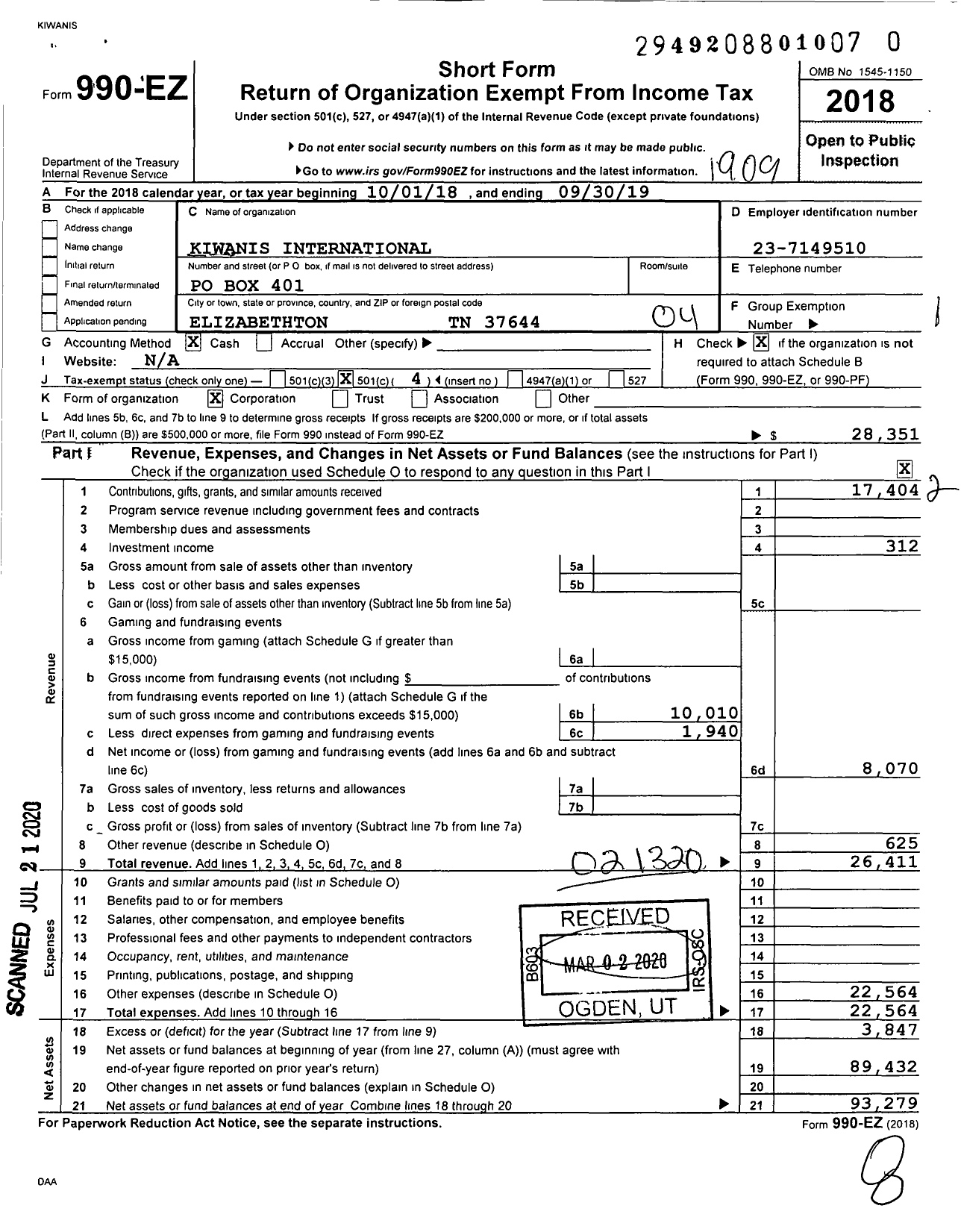 Image of first page of 2018 Form 990EO for Kiwanis International - K01739 Elizabethton