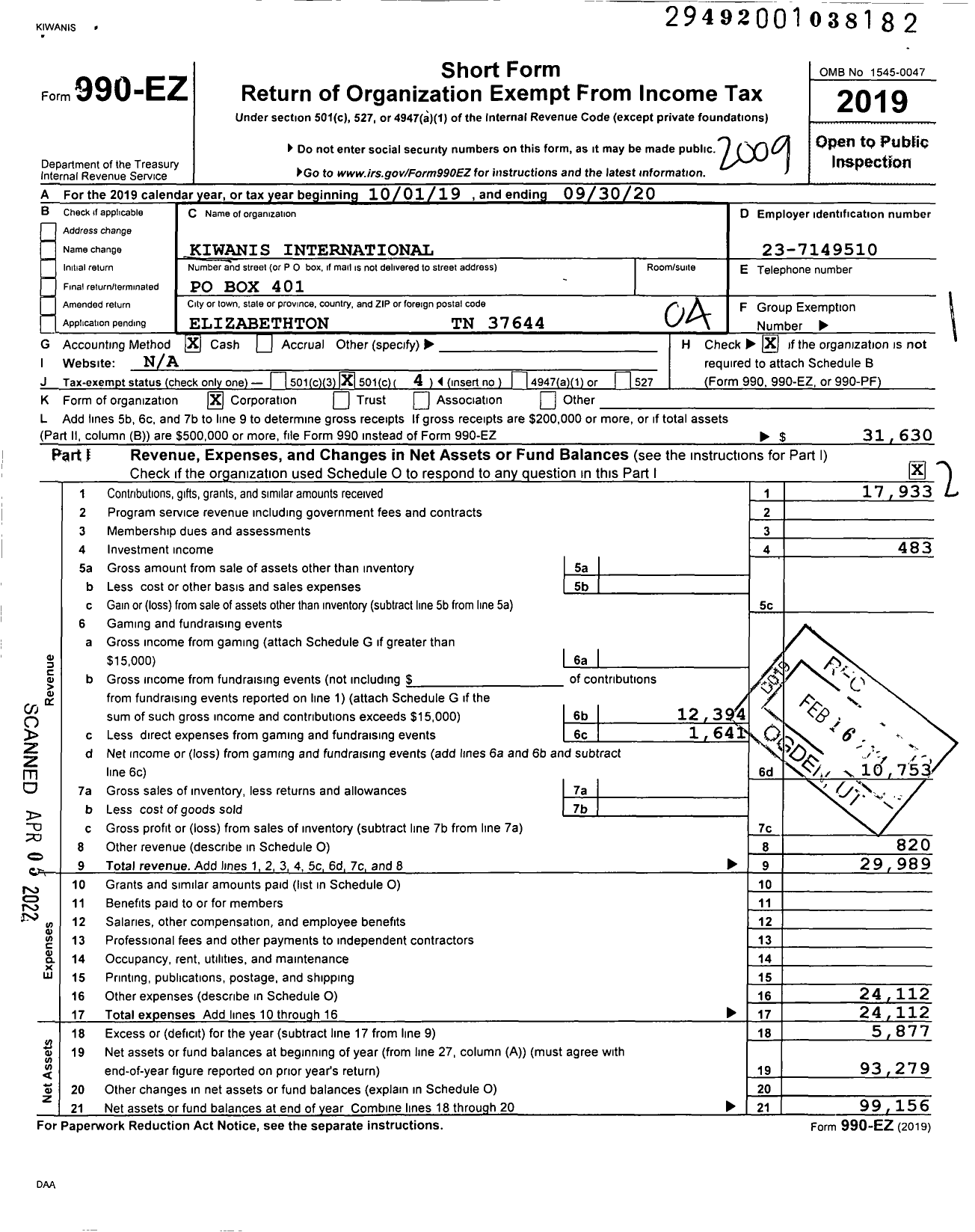 Image of first page of 2019 Form 990EO for Kiwanis International - K01739 Elizabethton