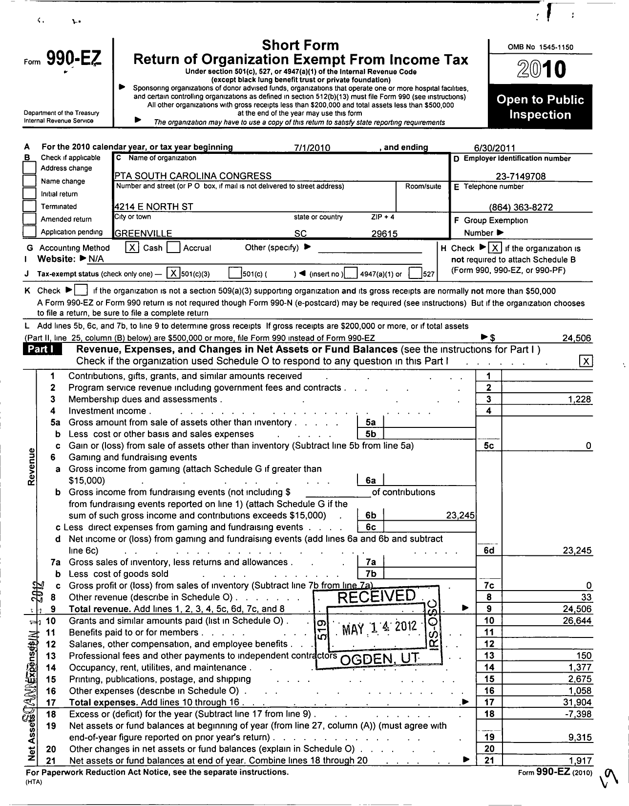 Image of first page of 2010 Form 990EZ for South Carolina Congress of Parents and Teachers / Mitchell Rd Elementary PTA