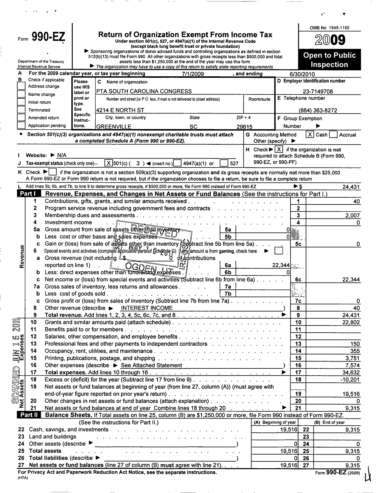 Image of first page of 2009 Form 990EZ for South Carolina Congress of Parents and Teachers / Mitchell Rd Elementary PTA