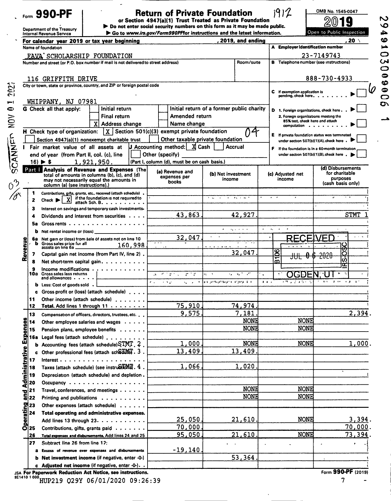 Image of first page of 2019 Form 990PF for Philip V Fava and Nancy Owen D Fava