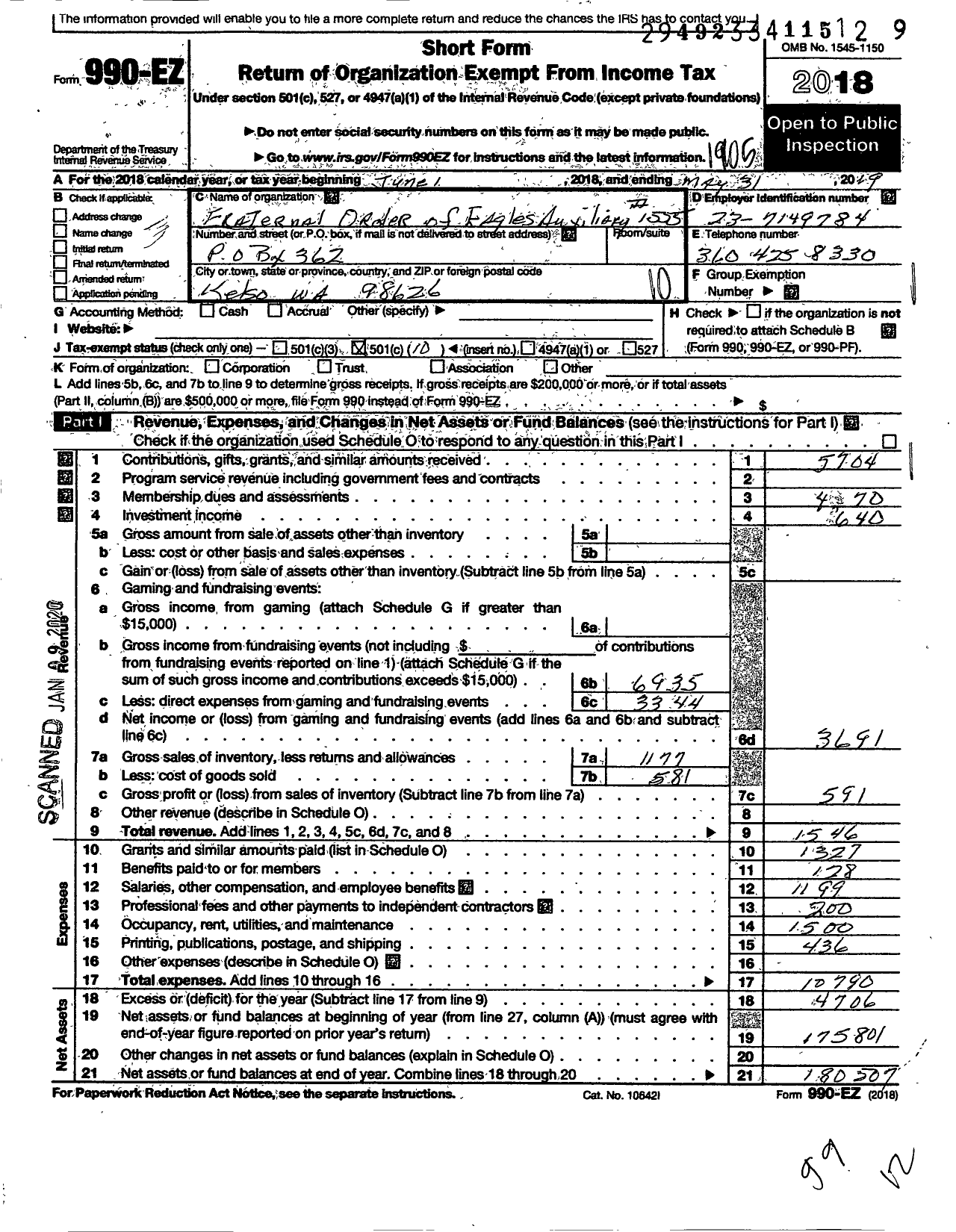 Image of first page of 2018 Form 990EO for Fraternal Order of Eagles - 1555 Aux