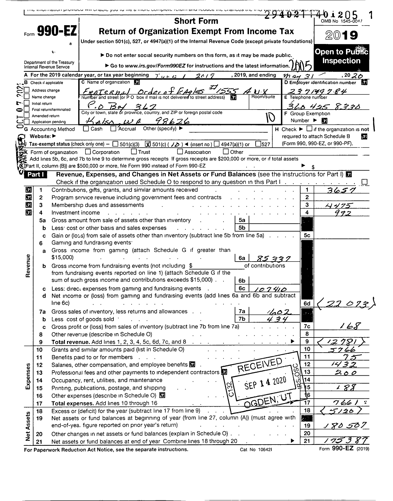 Image of first page of 2019 Form 990EO for Fraternal Order of Eagles - 1555 Aux