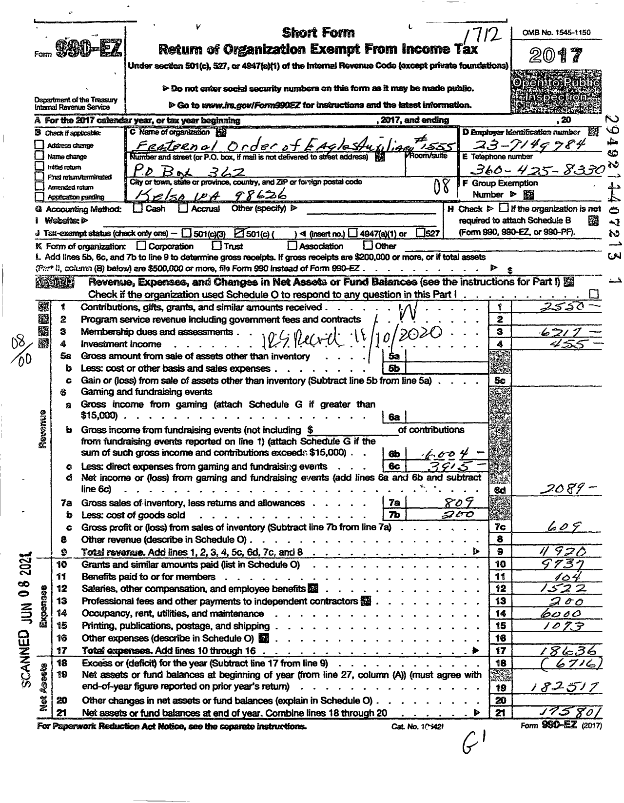 Image of first page of 2017 Form 990EO for Fraternal Order of Eagles - 1555 Aux