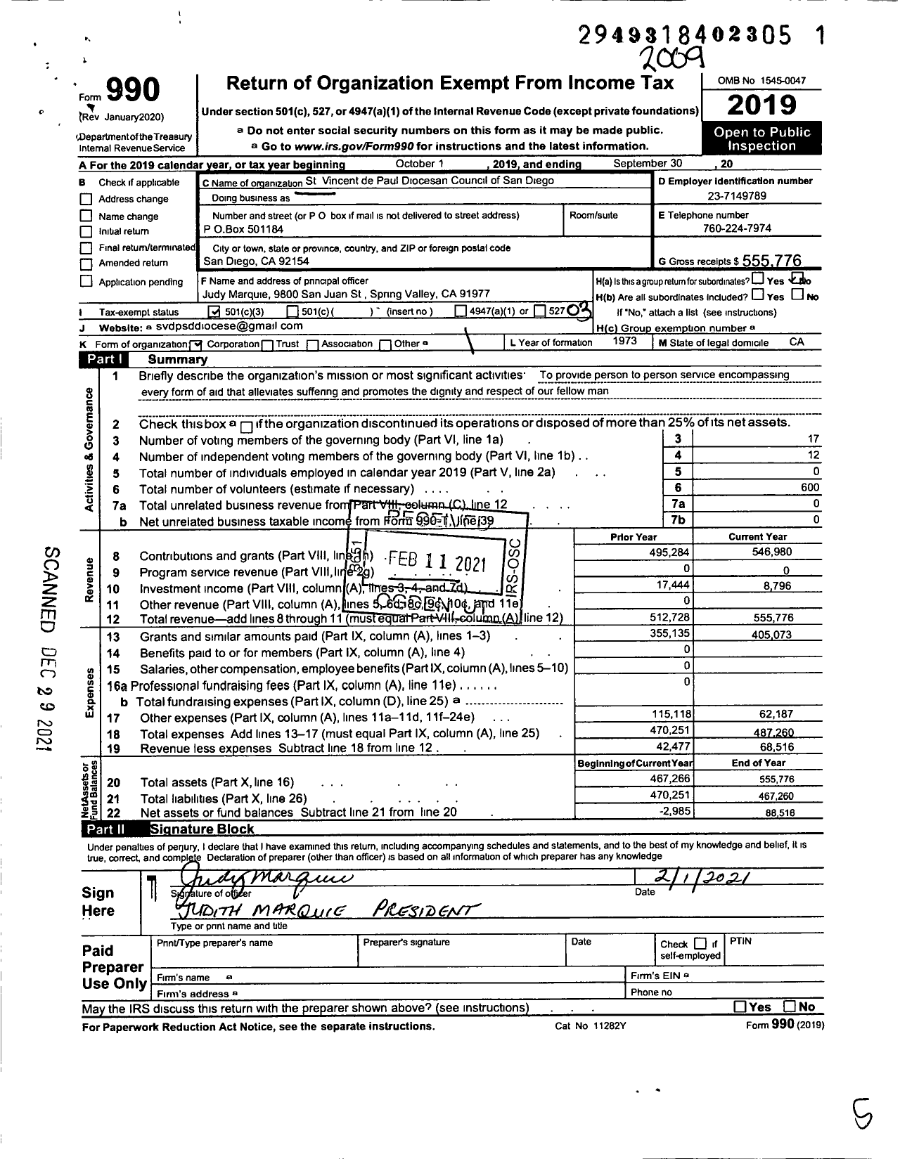 Image of first page of 2019 Form 990 for St Vincent de Paul Diocesan Council of San Diego