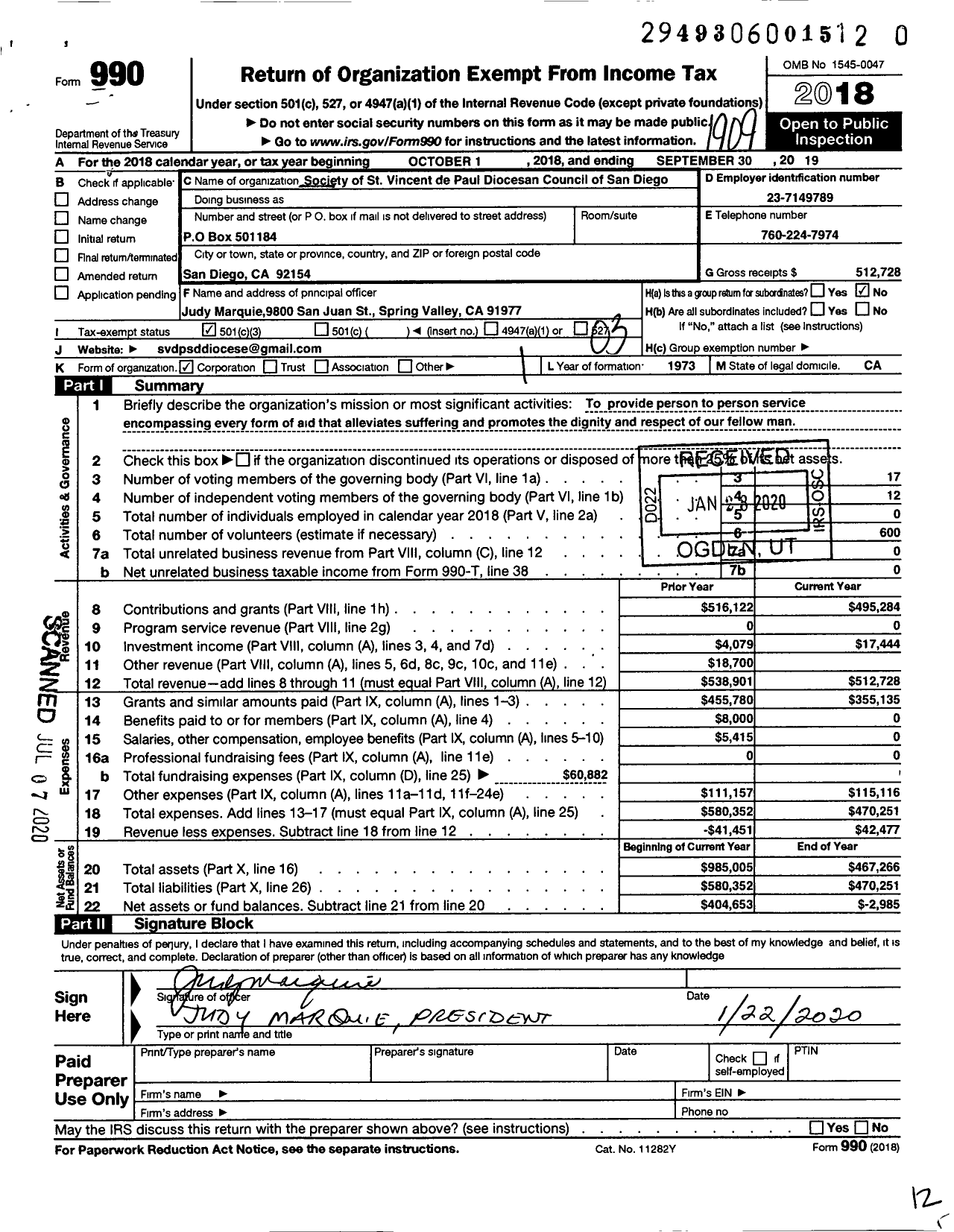 Image of first page of 2018 Form 990 for St Vincent de Paul Diocesan Council of San Diego