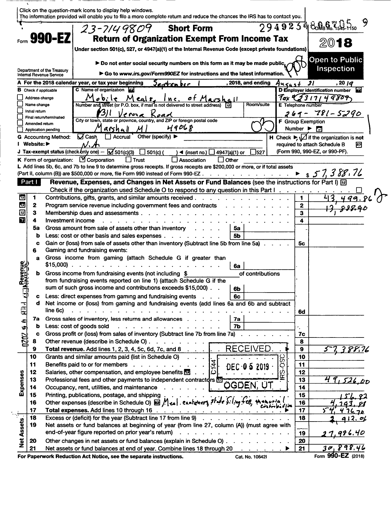 Image of first page of 2018 Form 990EZ for Mobile Meals of Marshall