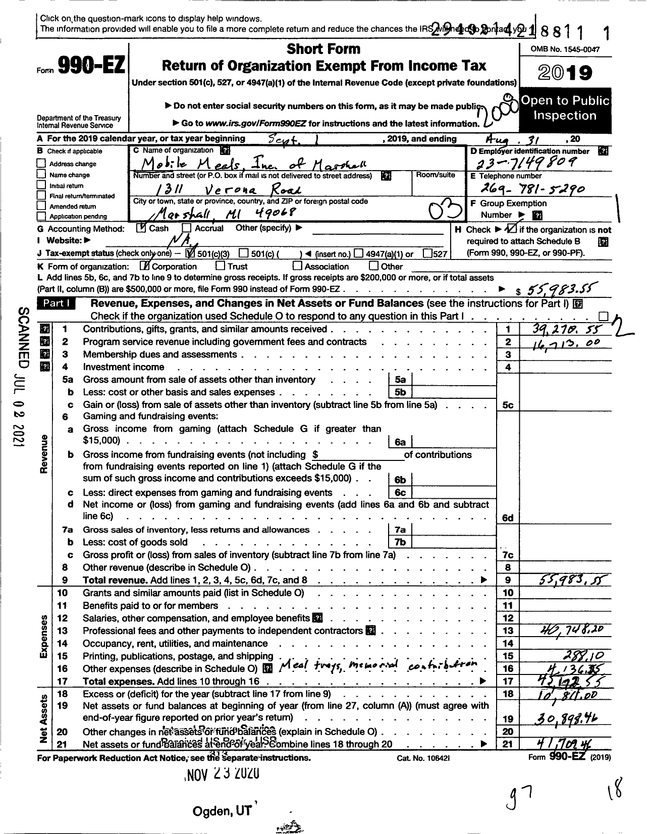 Image of first page of 2019 Form 990EZ for Mobile Meals of Marshall