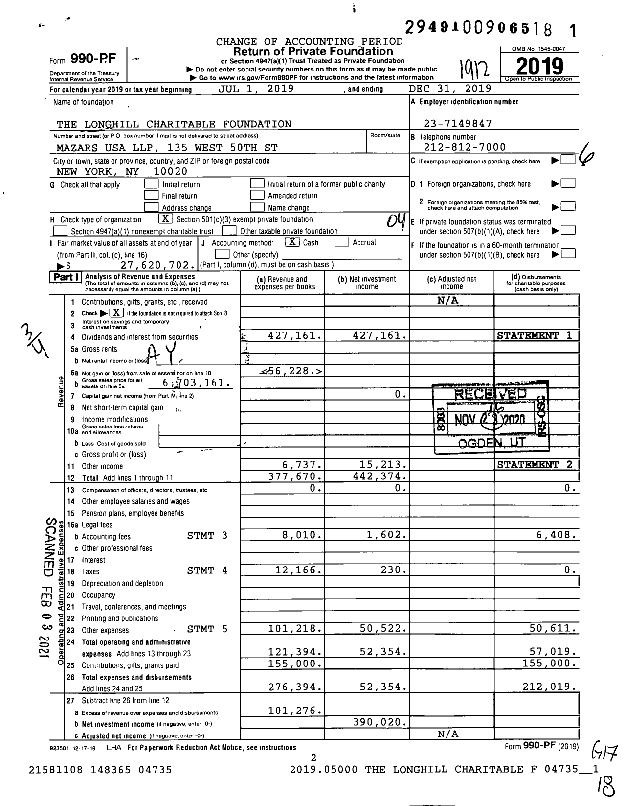 Image of first page of 2019 Form 990PF for Longhill Charitable Foundation