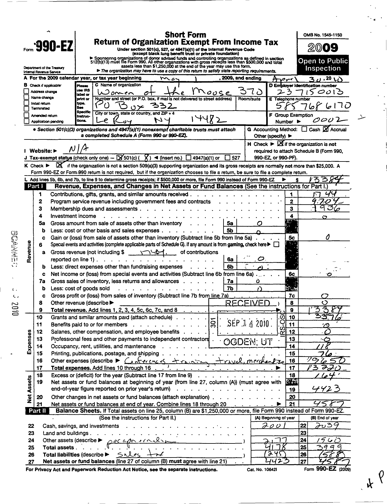 Image of first page of 2009 Form 990EO for Loyal Order of Moose - 370