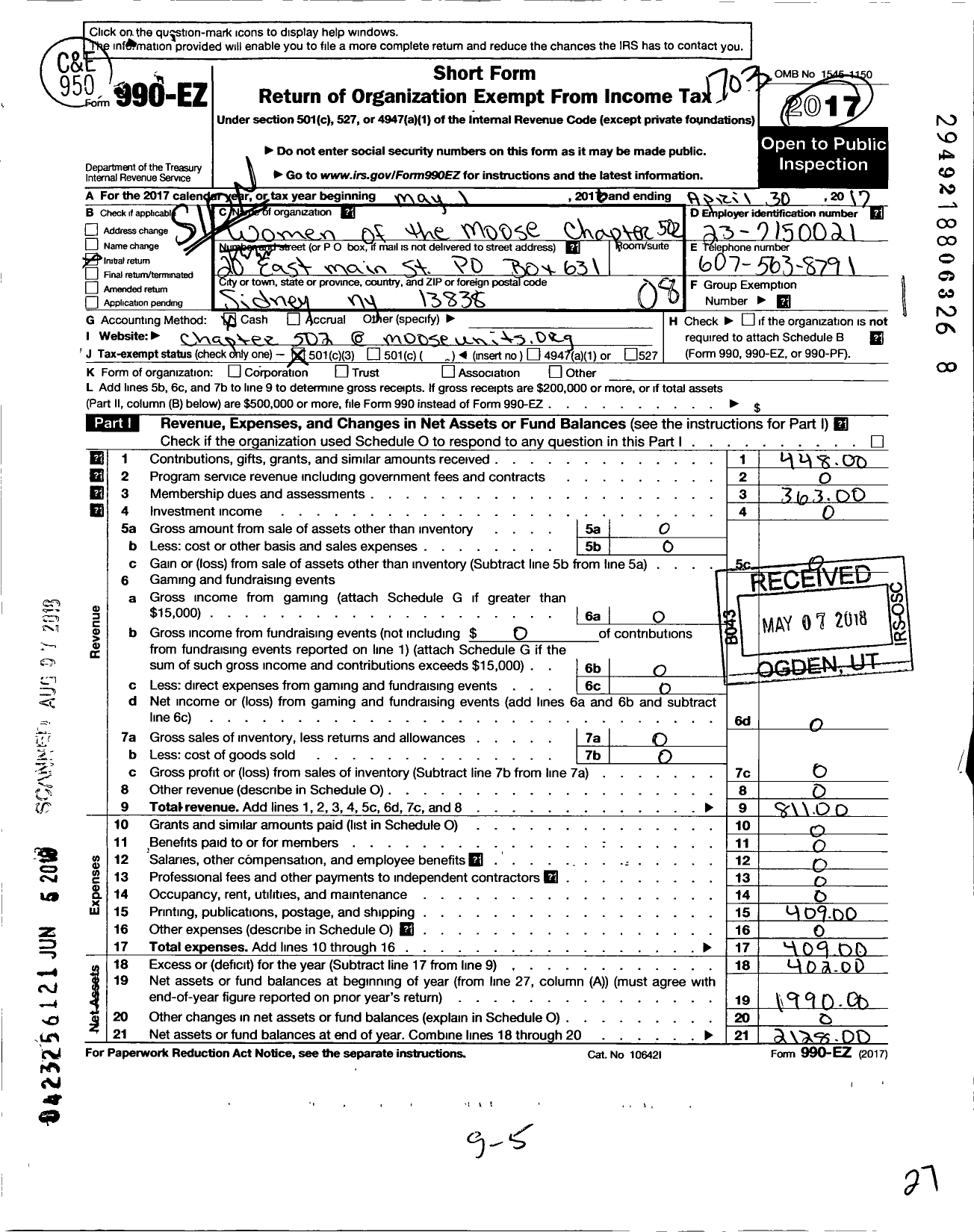 Image of first page of 2016 Form 990EZ for Loyal Order of Moose - 502