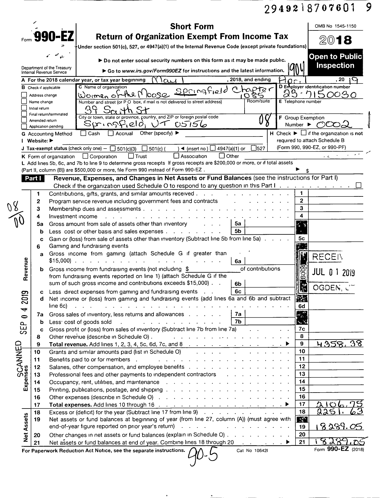 Image of first page of 2018 Form 990EO for Loyal Order of Moose - 1085