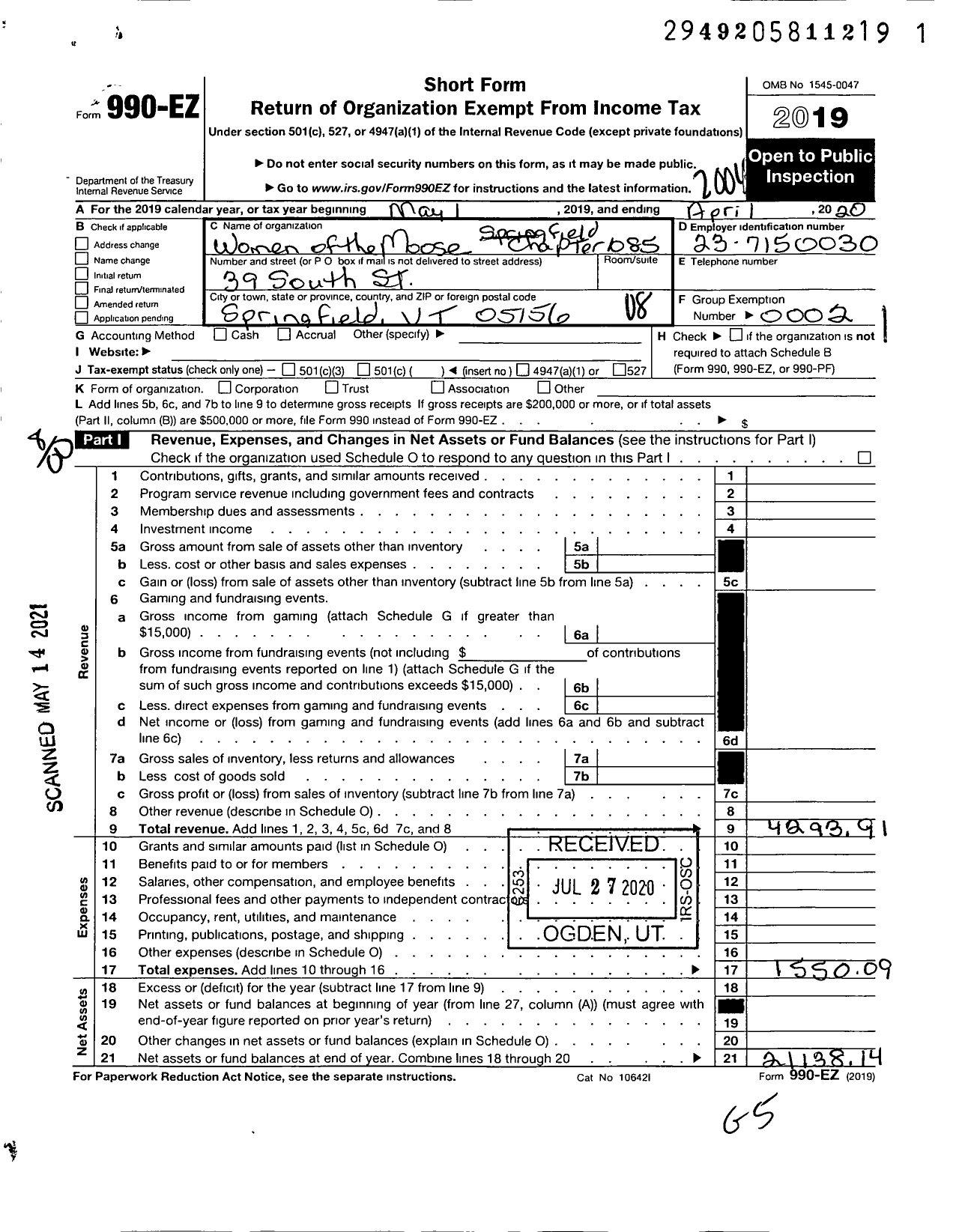 Image of first page of 2019 Form 990EO for Loyal Order of Moose - 1085