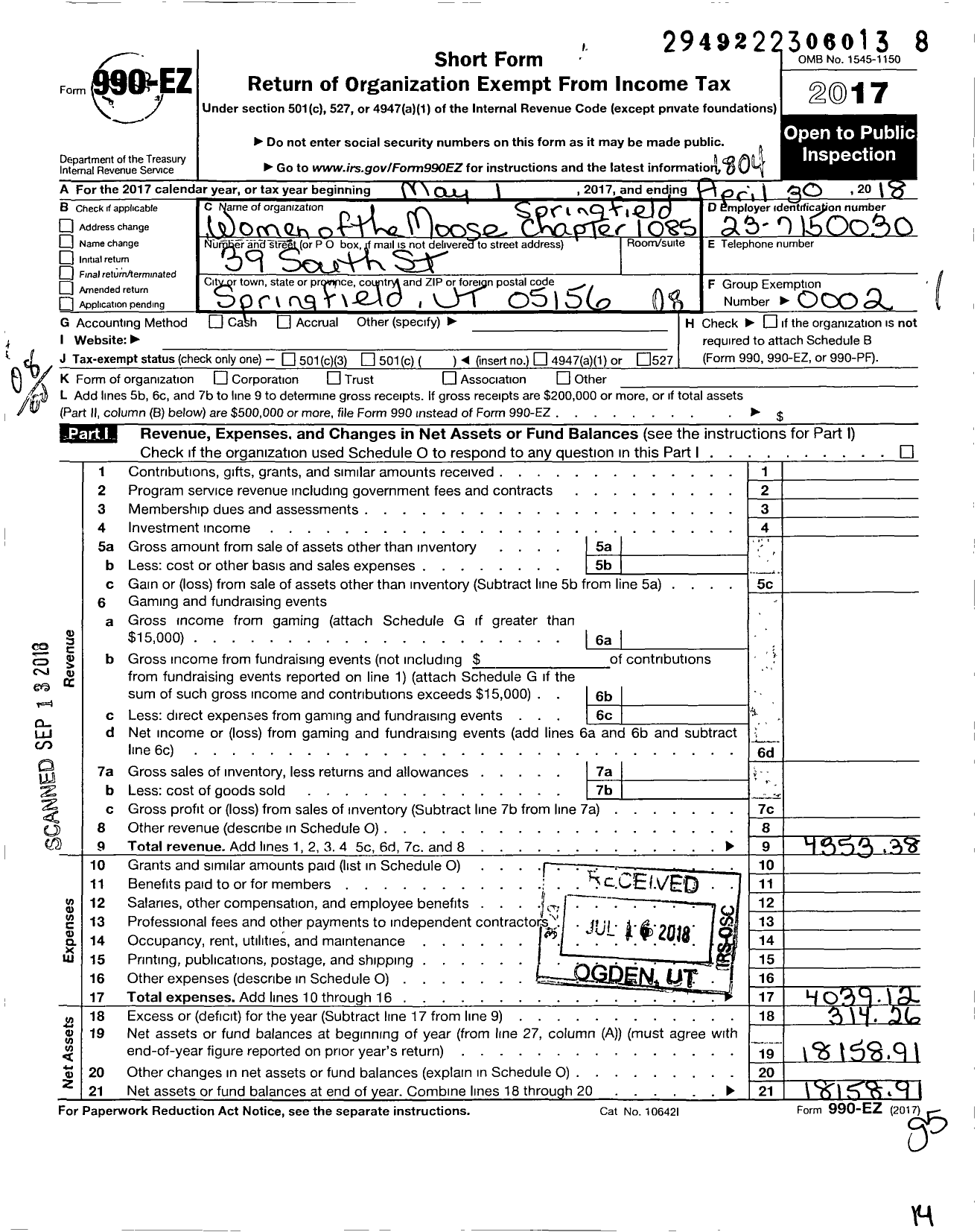 Image of first page of 2017 Form 990EO for Loyal Order of Moose - 1085