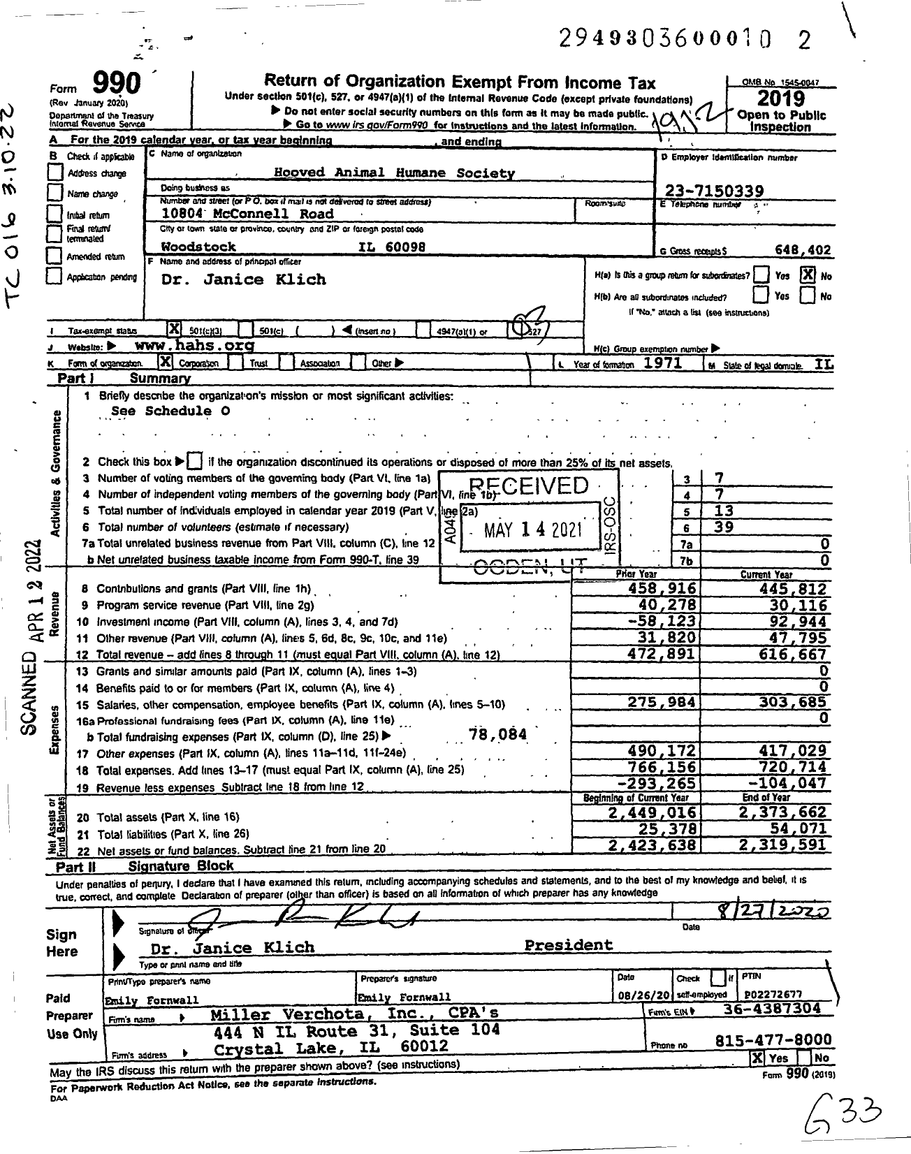 Image of first page of 2019 Form 990 for Hooved Animal Humane Society