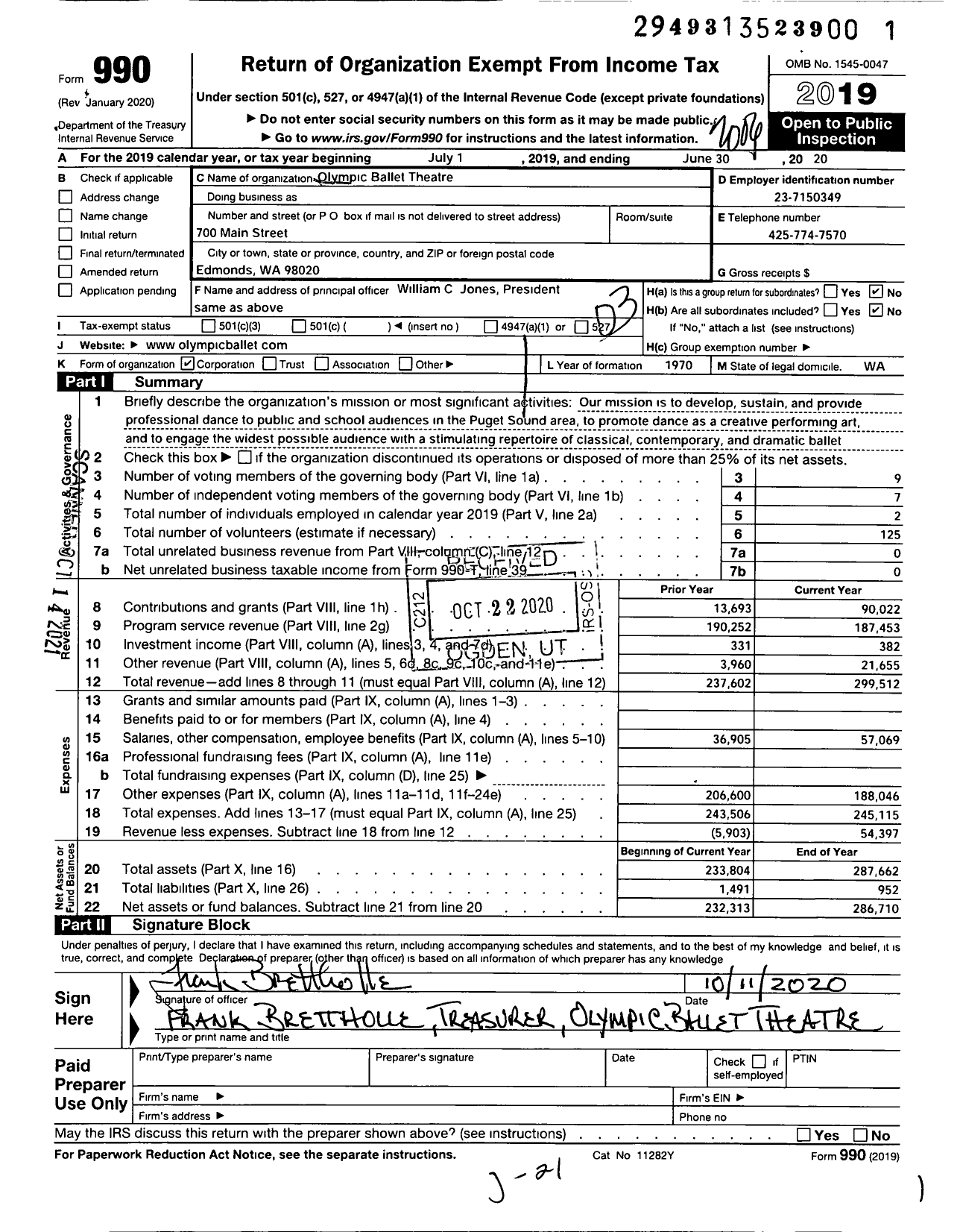 Image of first page of 2019 Form 990 for Olympic Ballet Theatre