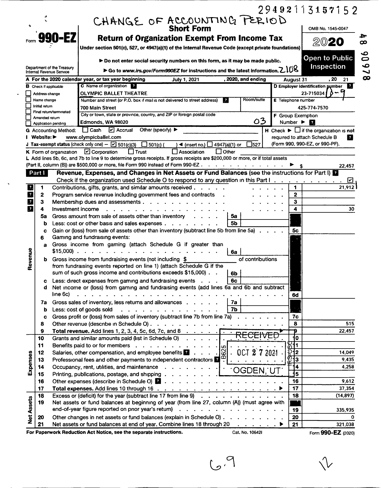 Image of first page of 2020 Form 990EZ for Olympic Ballet Theatre