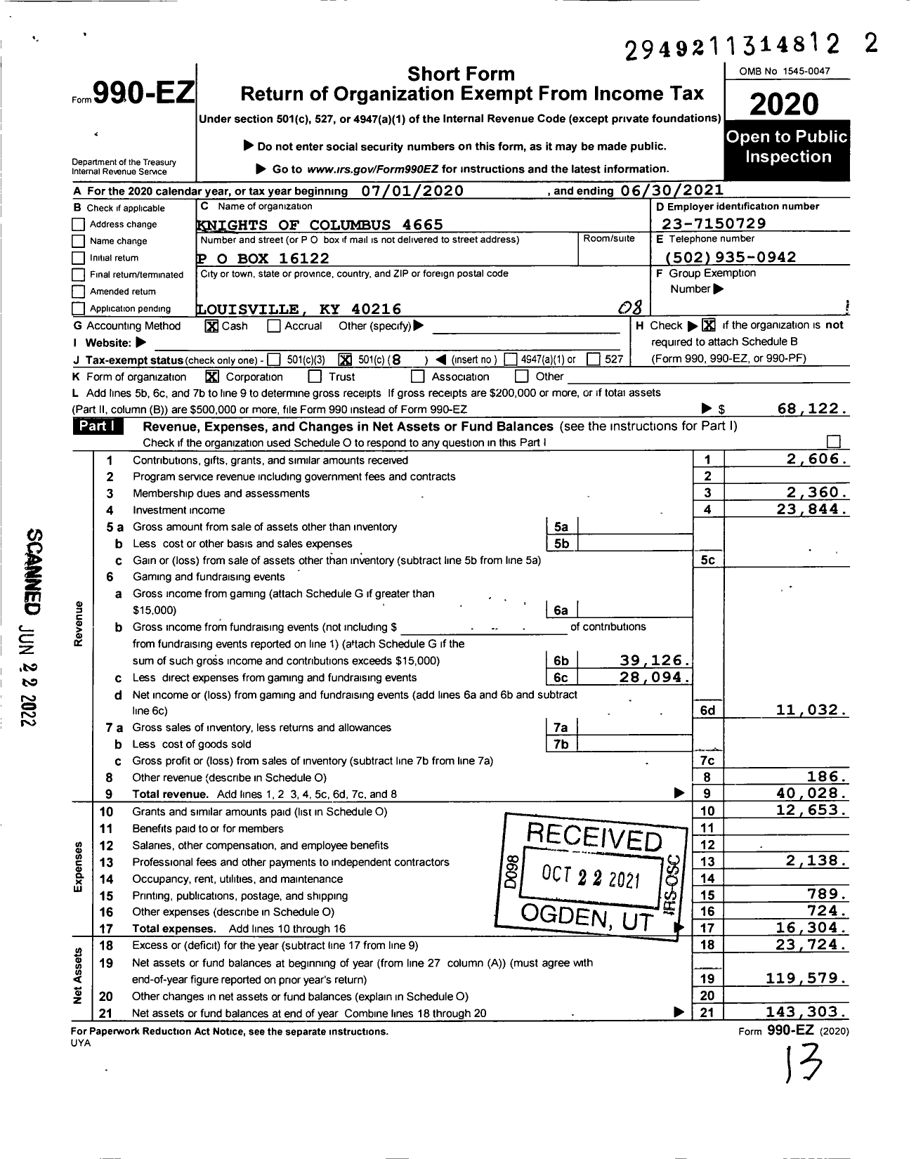 Image of first page of 2020 Form 990EO for Knights of Columbus 4665