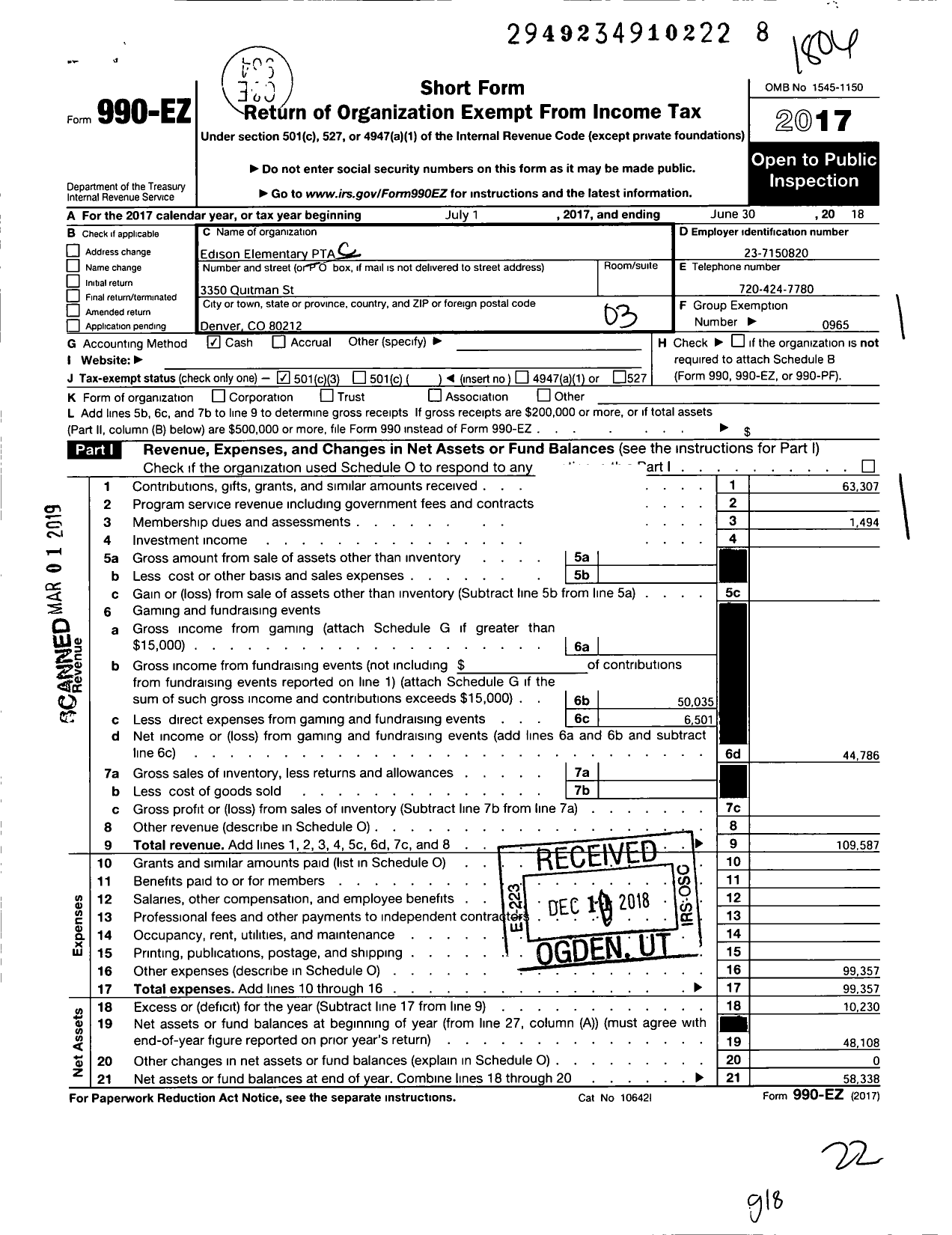 Image of first page of 2017 Form 990EZ for PTA Edison Elementary