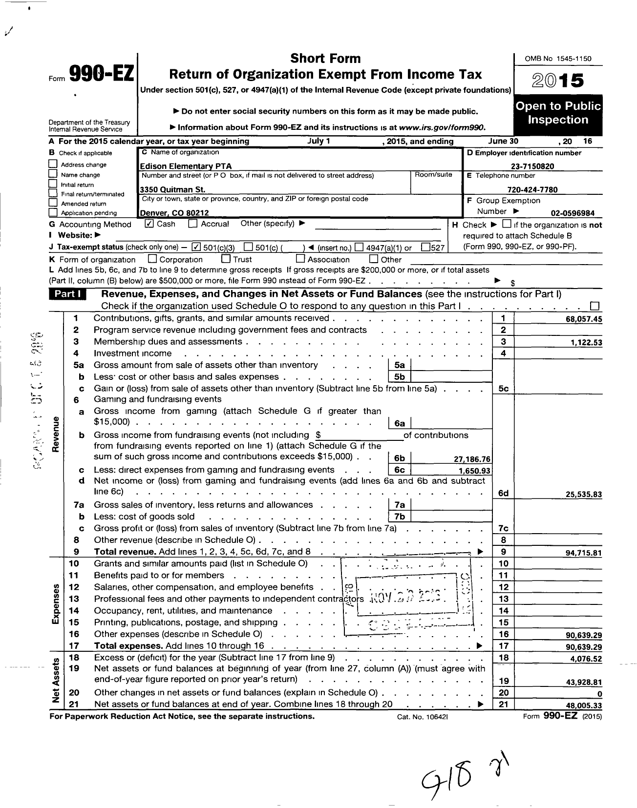 Image of first page of 2015 Form 990EZ for PTA Edison Elementary