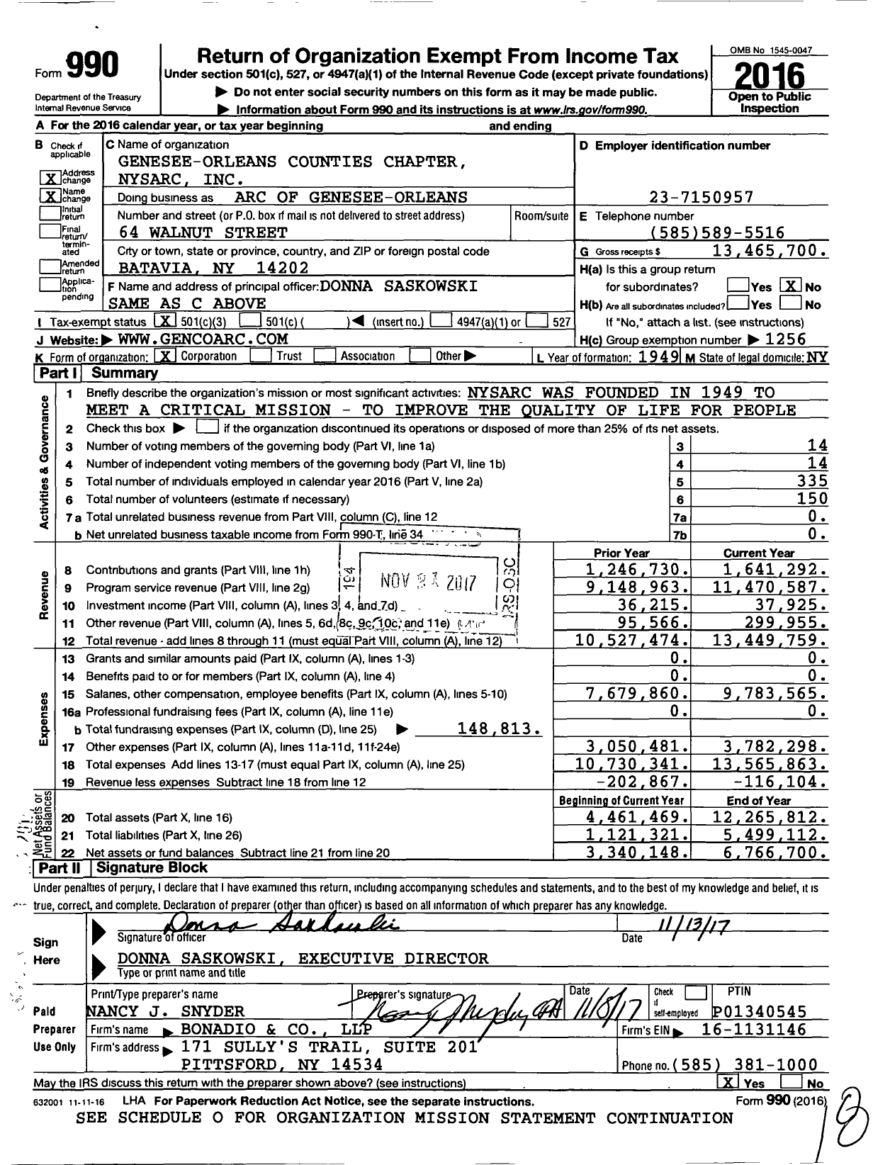 Image of first page of 2016 Form 990 for Arc of Genesee-Orleans