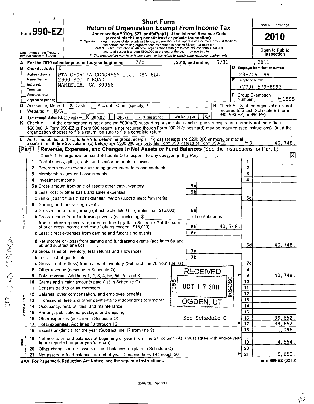 Image of first page of 2010 Form 990EZ for Georgia PTA - J J Daniel MS Ptsa