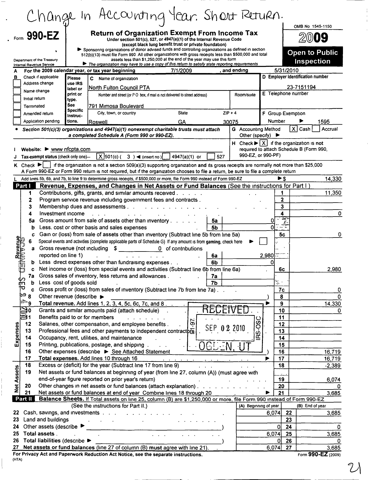 Image of first page of 2009 Form 990EZ for Georgia PTA - North Fulton County Council Pta-Ga