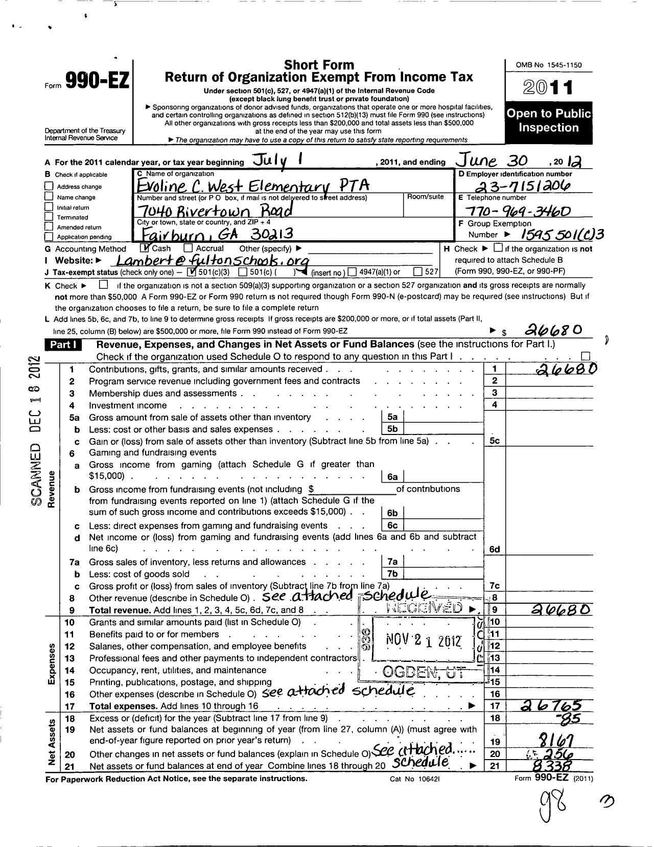 Image of first page of 2011 Form 990EZ for Georgia PTA - Evoline C West Es PTA