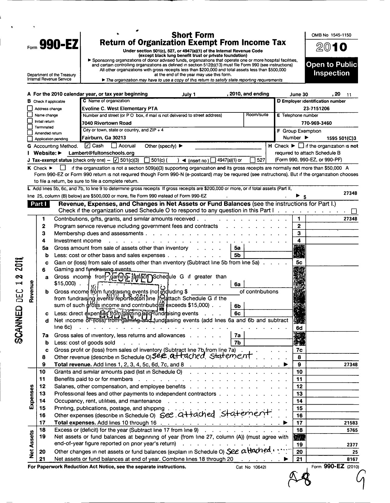 Image of first page of 2010 Form 990EZ for Georgia PTA - Evoline C West Es PTA