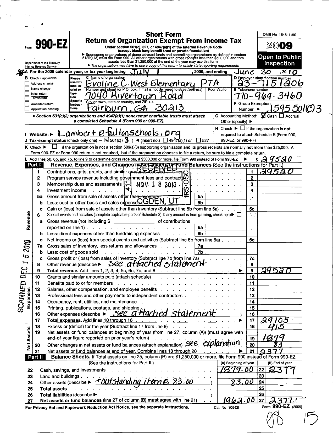 Image of first page of 2009 Form 990EZ for Georgia PTA - Evoline C West Es PTA