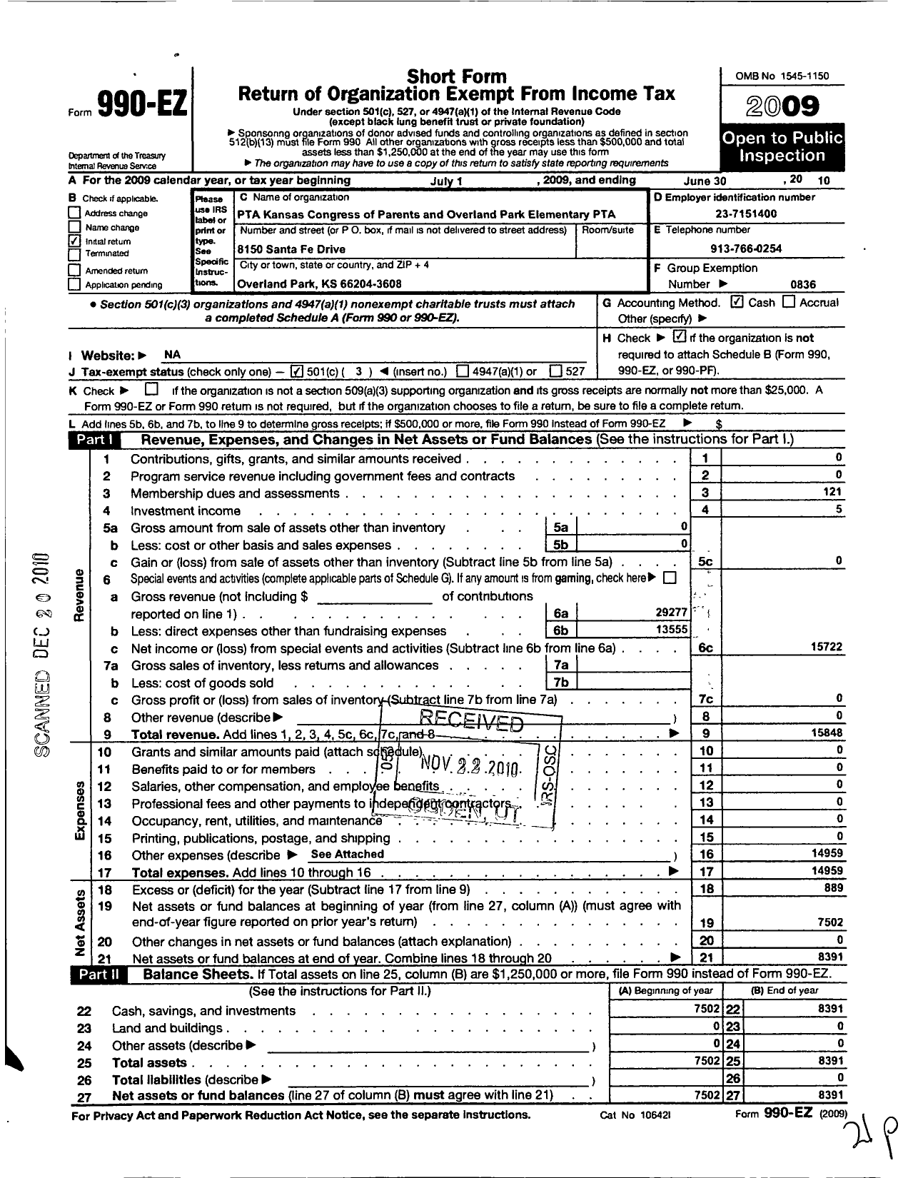 Image of first page of 2009 Form 990EZ for PTA Kansas Congress of Parents and Teachers / Overland Park Elementary PTA