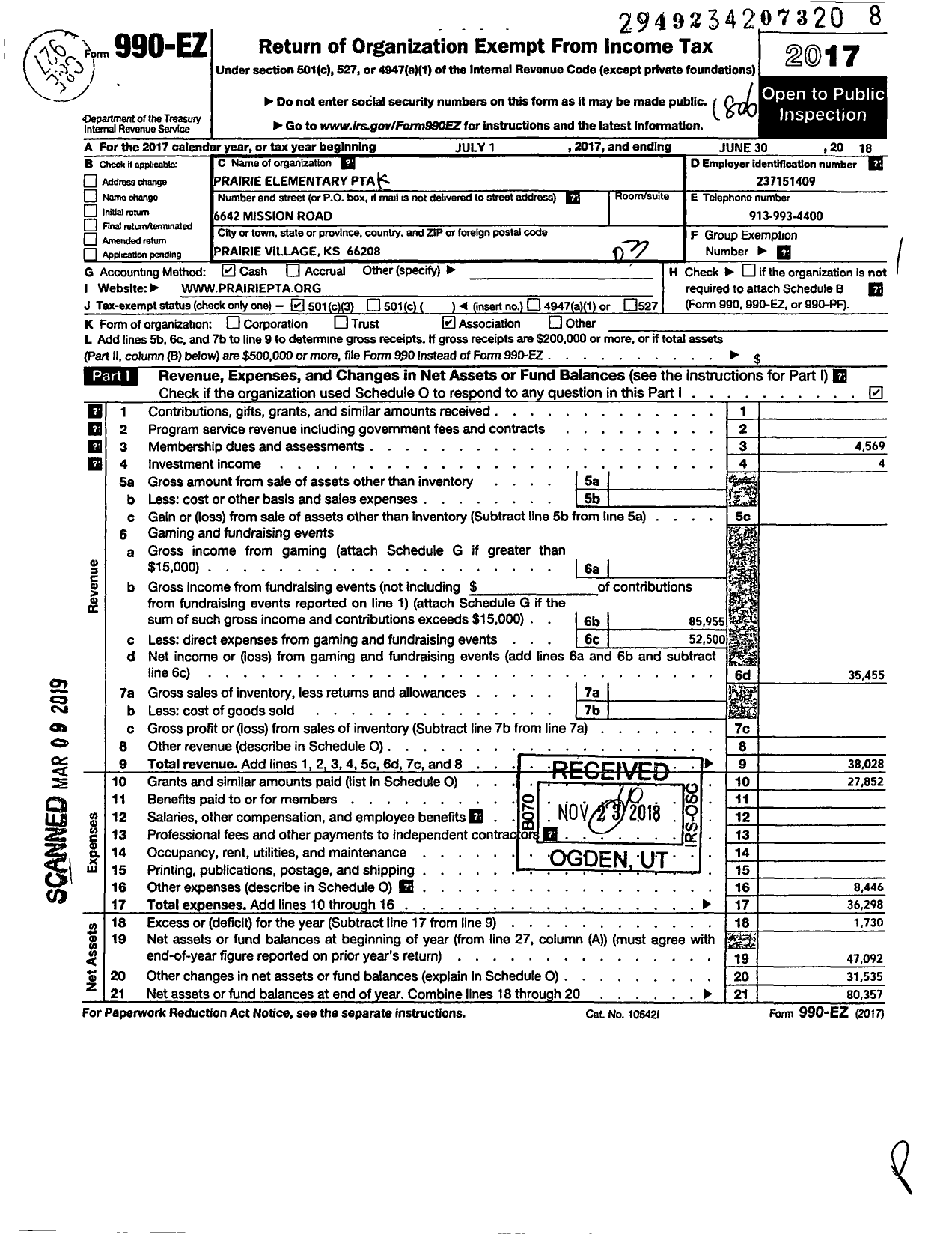 Image of first page of 2017 Form 990EZ for Prairie Elementary PTA