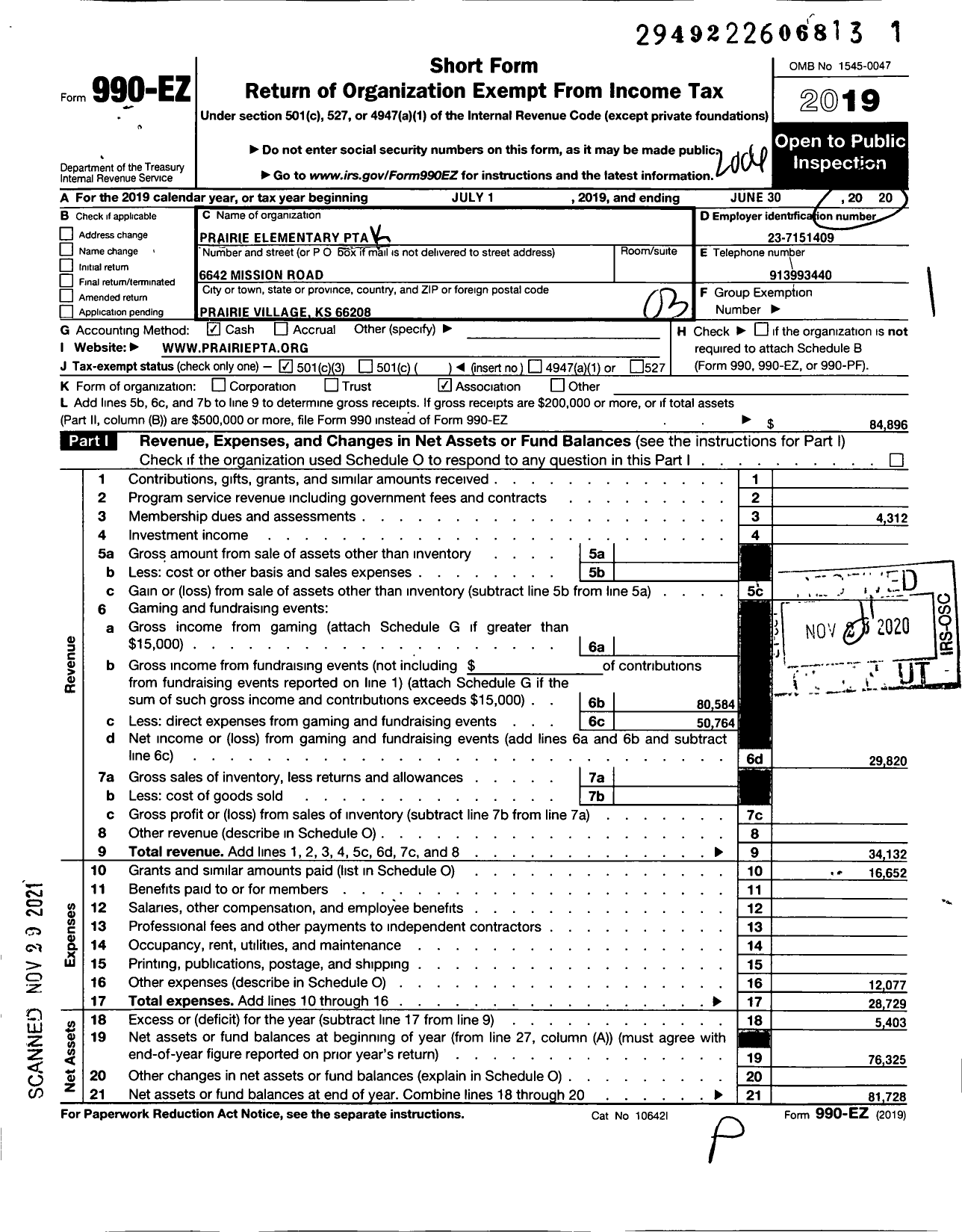 Image of first page of 2019 Form 990EZ for Prairie Elementary PTA