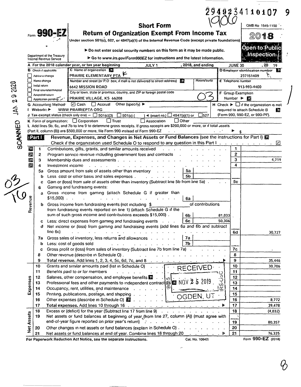 Image of first page of 2018 Form 990EZ for Prairie Elementary PTA