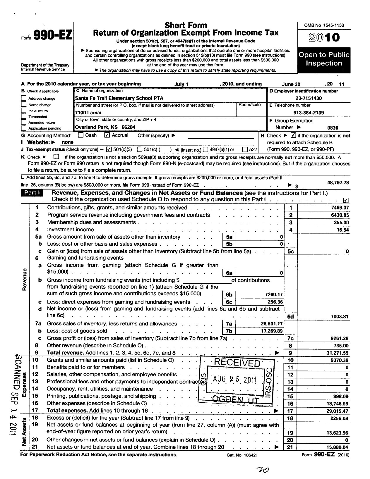 Image of first page of 2010 Form 990EZ for PTA Kansas Congress of Parents and Teachers / Santa Fe Trail Elementary PTA