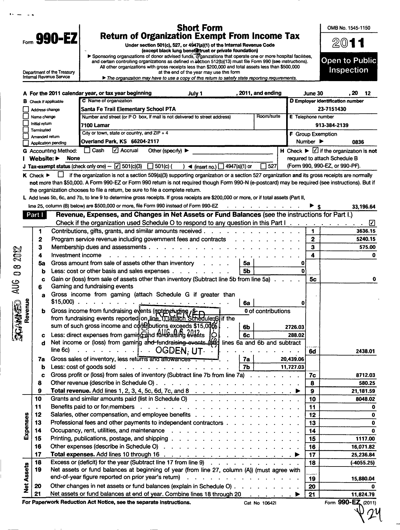 Image of first page of 2011 Form 990EZ for PTA Kansas Congress of Parents and Teachers / Santa Fe Trail Elementary PTA