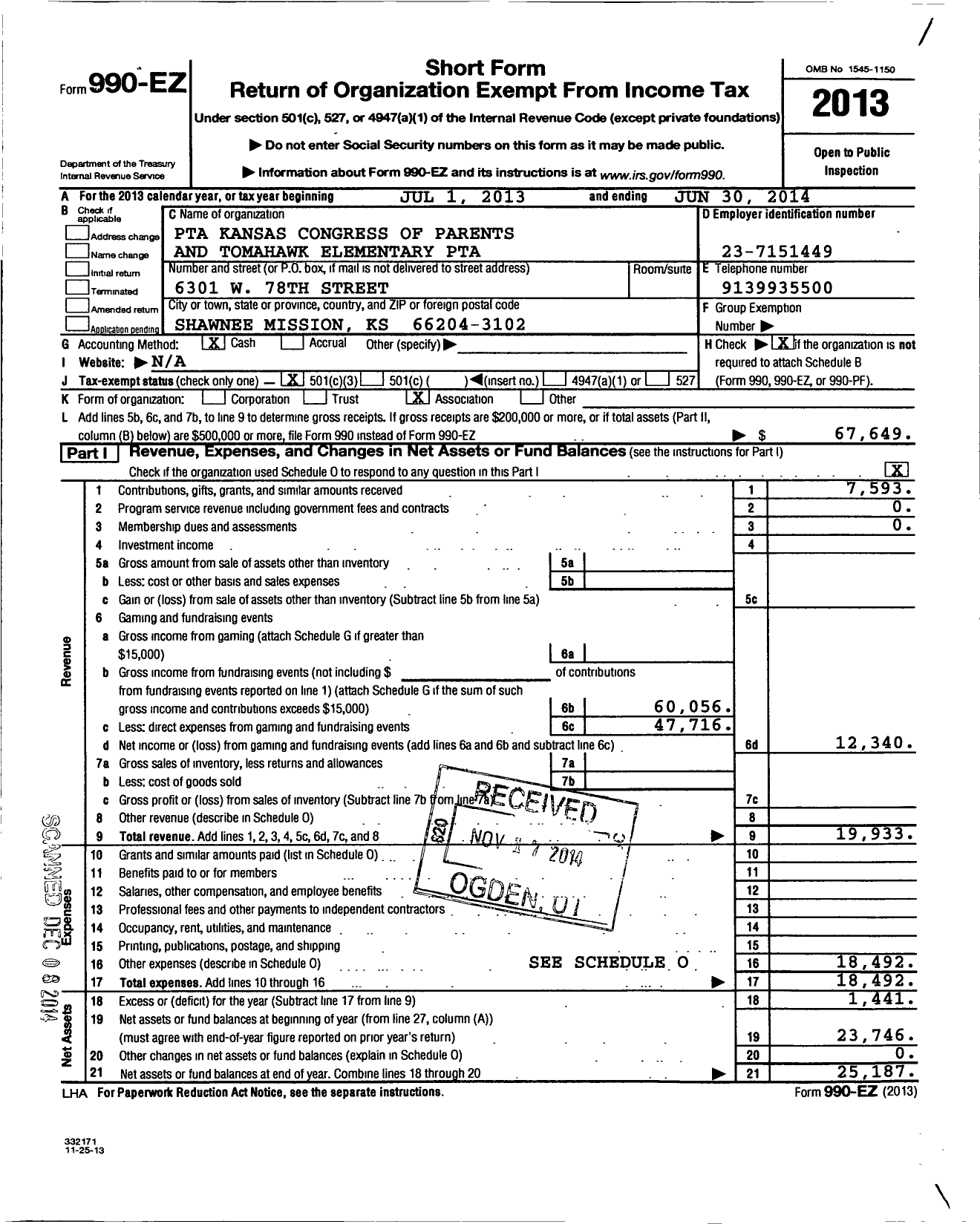 Image of first page of 2013 Form 990EZ for PTA Kansas Congress of Parents and Teachers / Tomahawk Elementary PTA