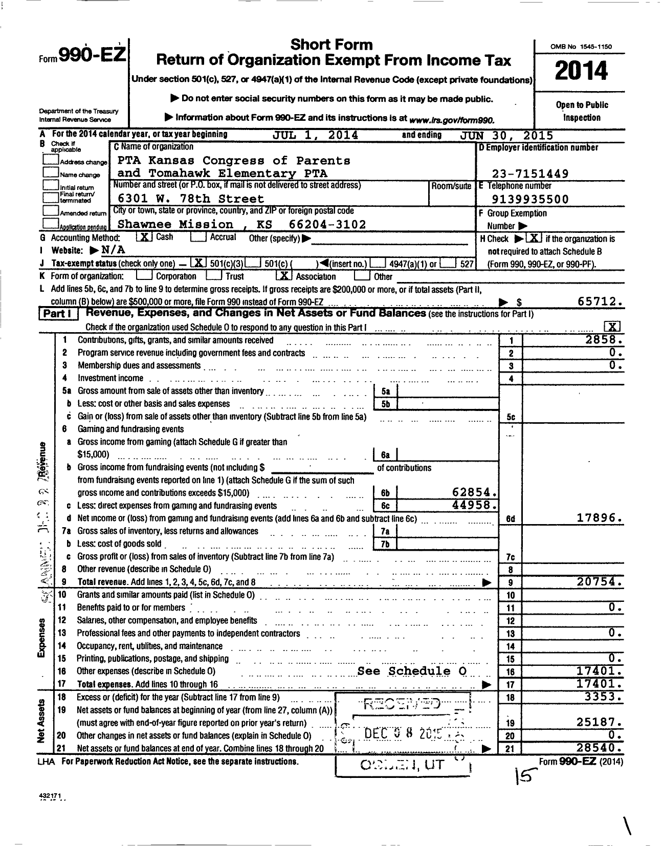 Image of first page of 2014 Form 990EZ for PTA Kansas Congress of Parents and Teachers / Tomahawk Elementary PTA