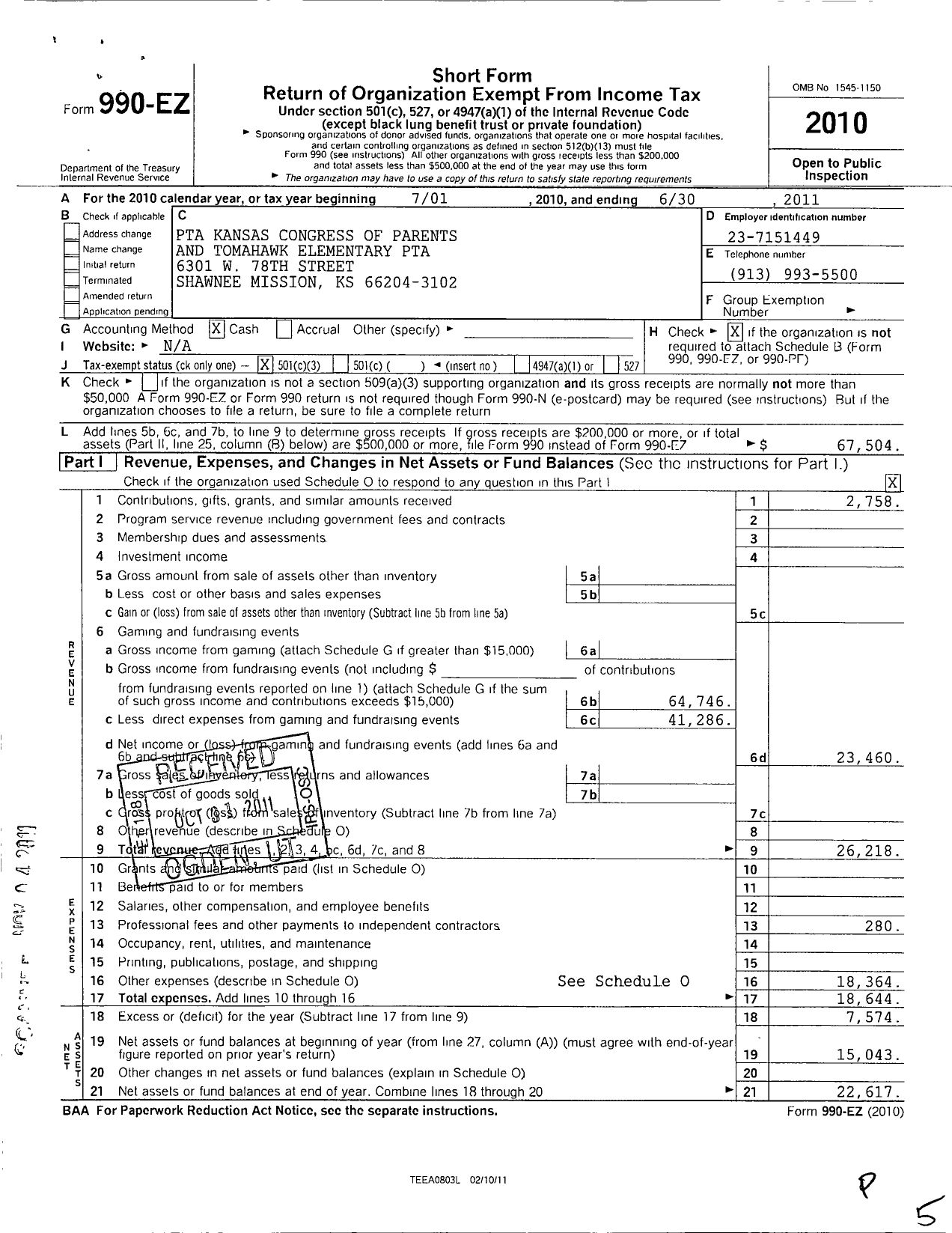 Image of first page of 2010 Form 990EZ for PTA Kansas Congress of Parents and Teachers / Tomahawk Elementary PTA