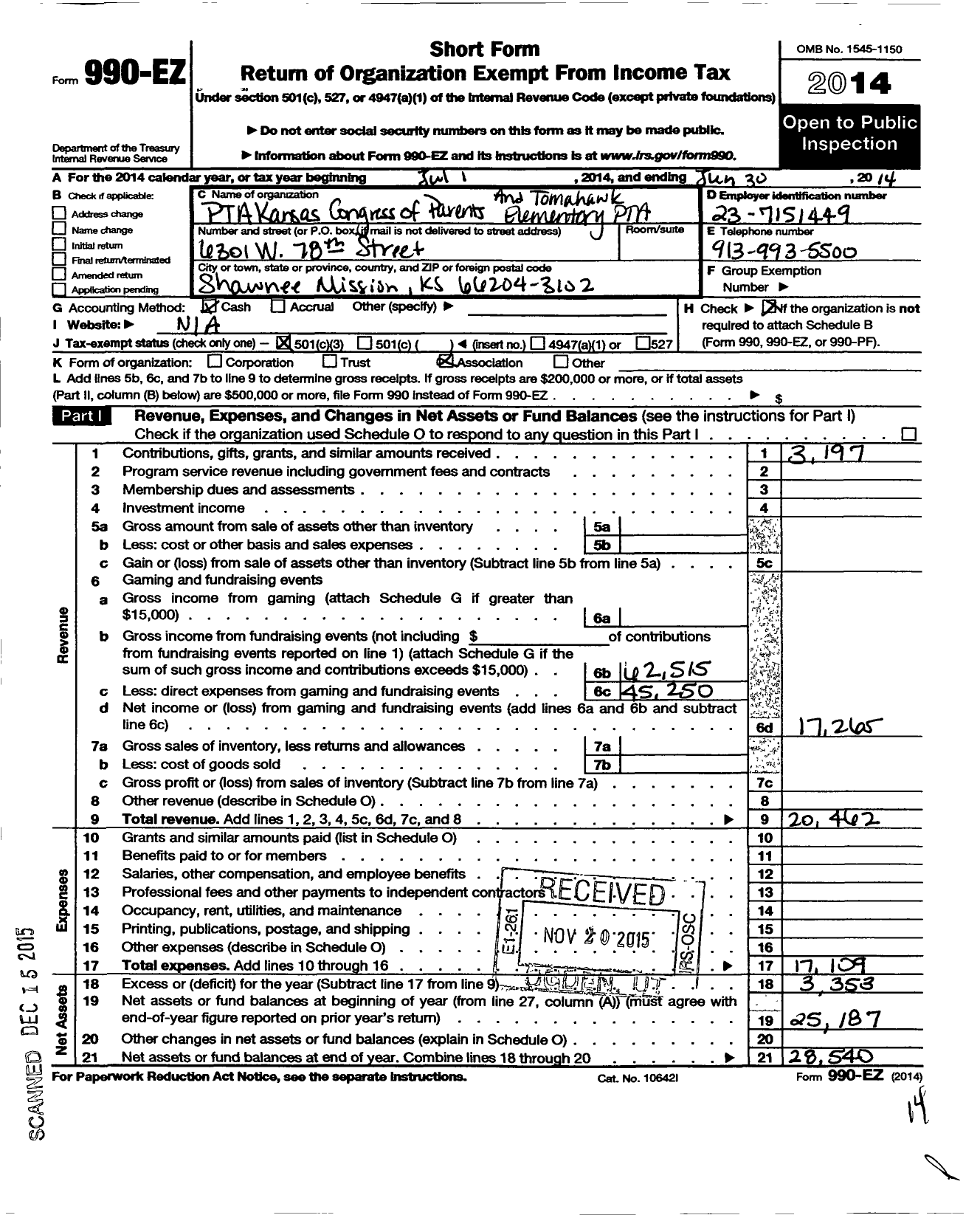 Image of first page of 2013 Form 990EZ for PTA Kansas Congress of Parents and Teachers / Tomahawk Elementary PTA