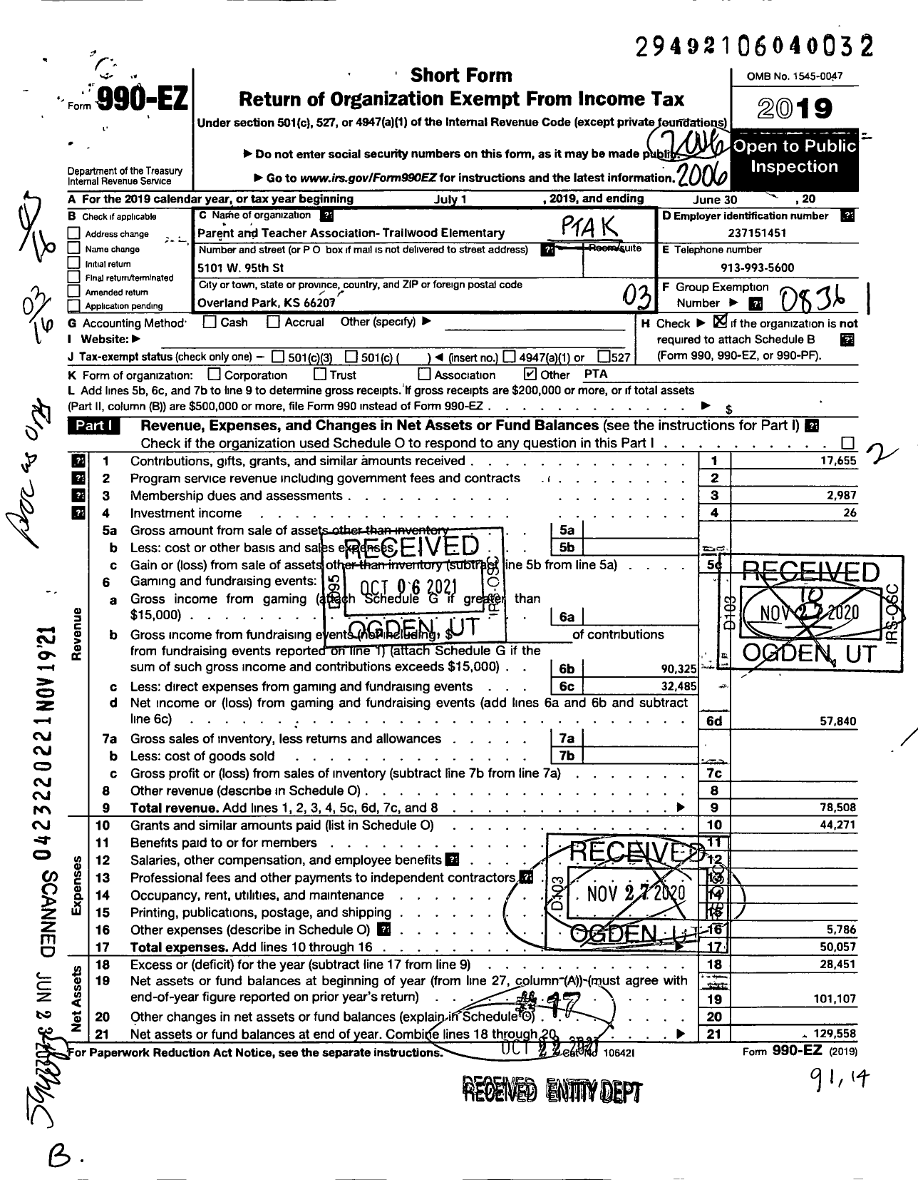 Image of first page of 2019 Form 990EZ for Parent and Teacher Association- Trailwood Elementary