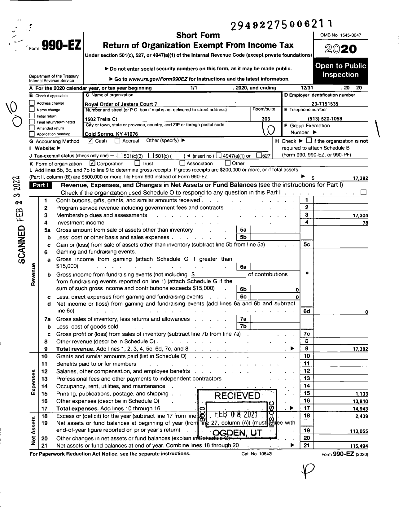 Image of first page of 2020 Form 990EO for Royal Order of Jesters - 7 Cincinnati