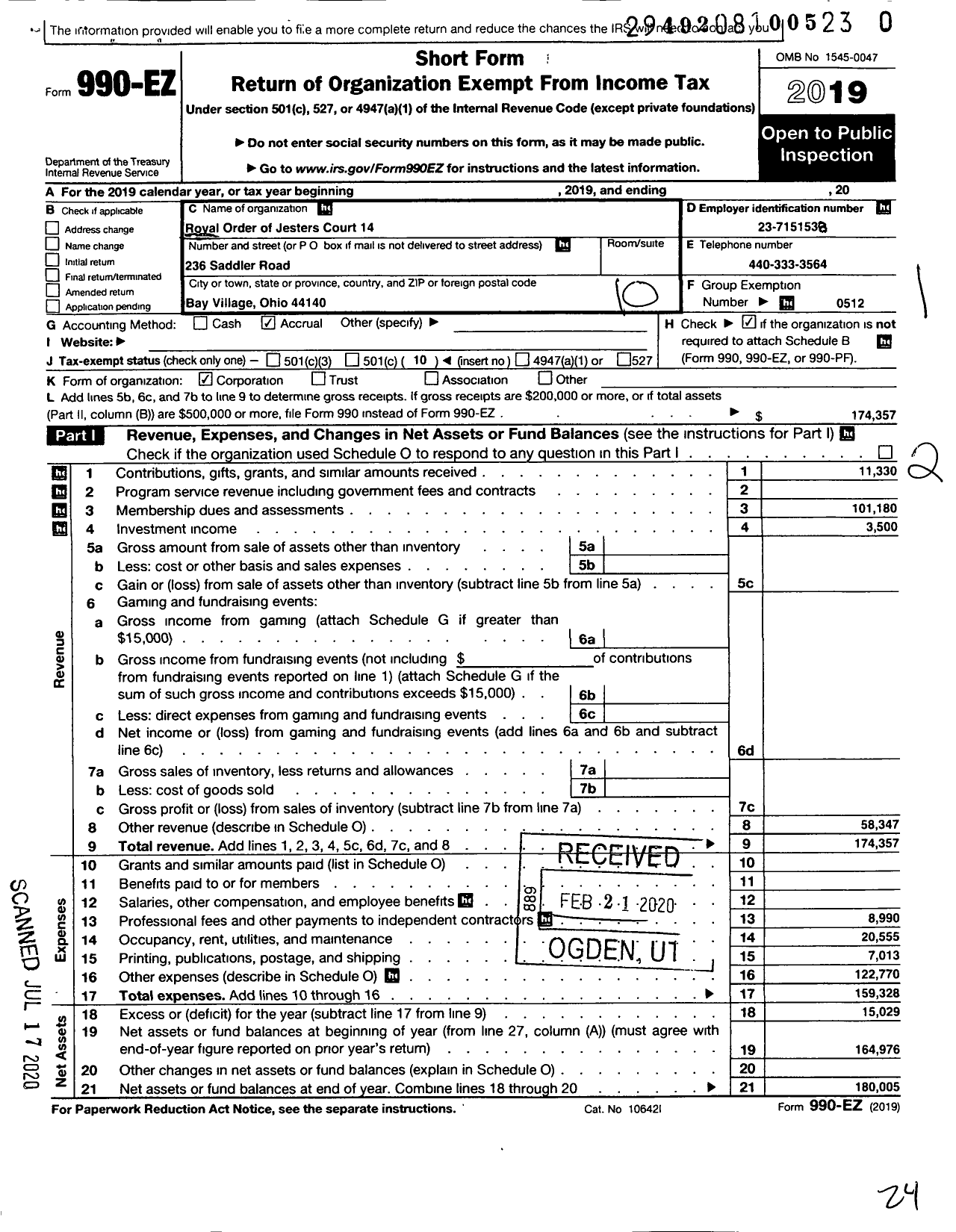 Image of first page of 2019 Form 990EO for Royal Order of Jesters - 014 Cleveland Court