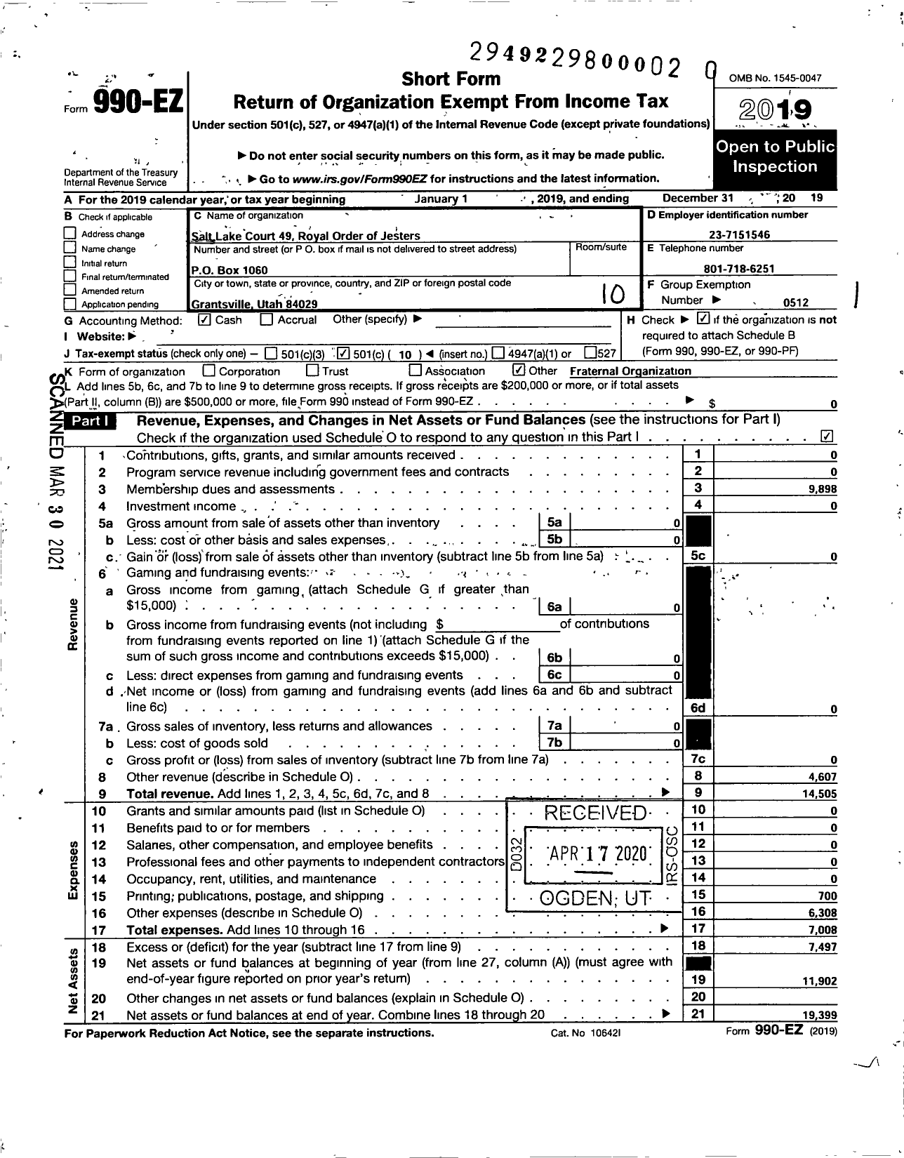 Image of first page of 2019 Form 990EO for Royal Order of Jesters - 0049