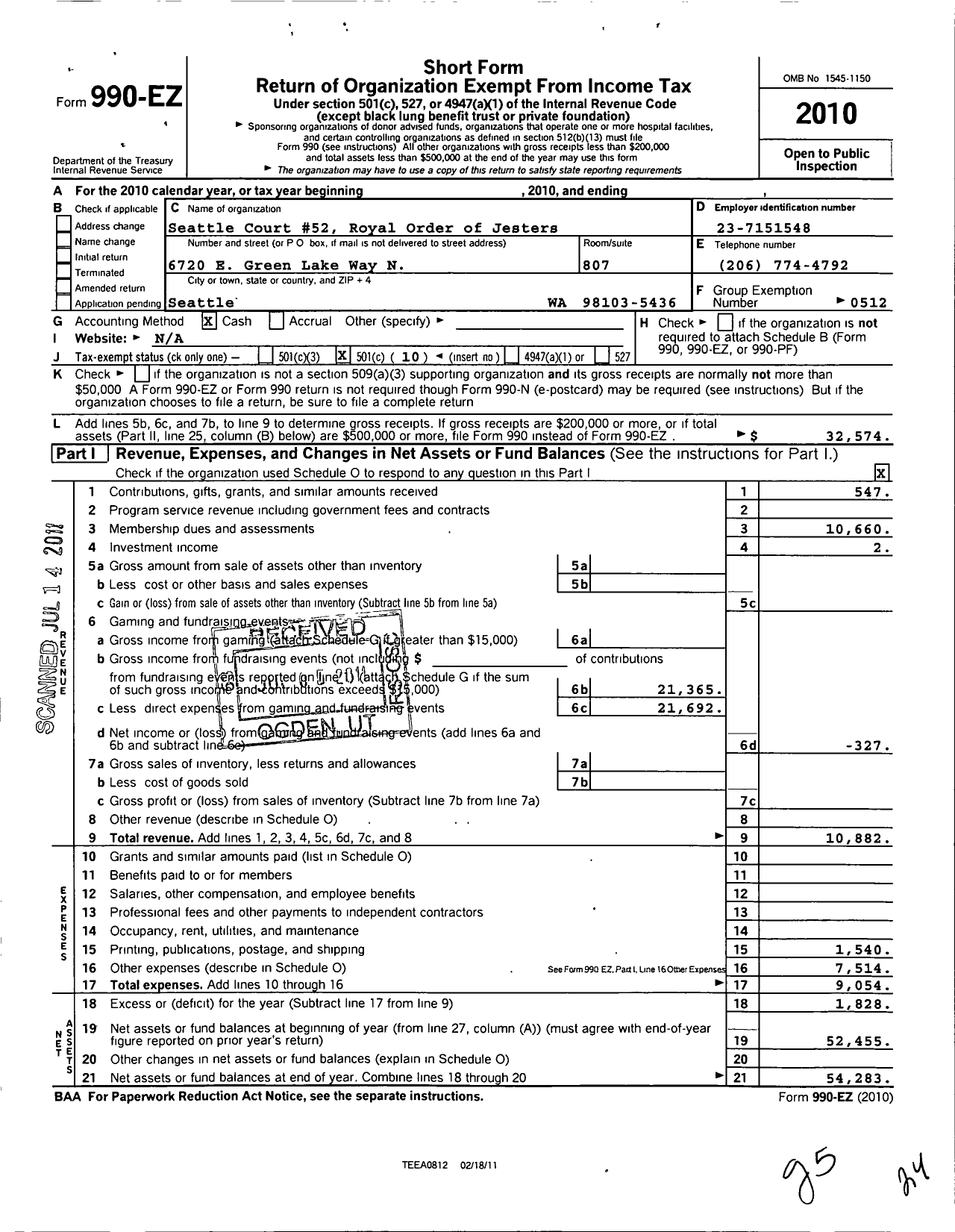 Image of first page of 2010 Form 990EO for Royal Order of Jesters - 052 Seattle Court